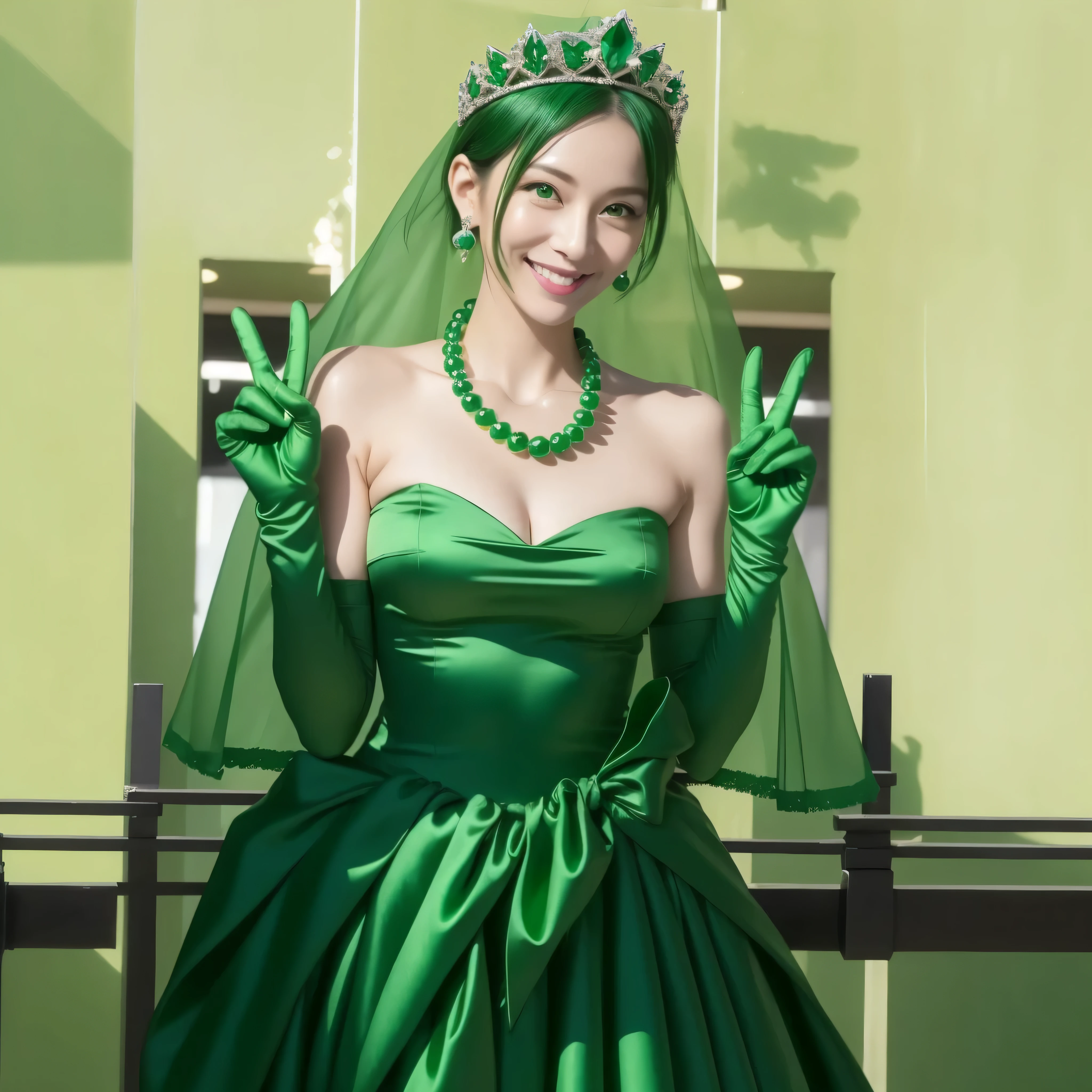 Beautiful Japan woman in her 30s, finger details, beautiful hands,emerald tiara, Green Pearl Necklace, Boyish green berry short hair, lipstick, smiling Japanese woman, very short hair, big breasts beautiful, green eyes, green satin long gloves, green eyes, emerald earrings, Green veil, v sign