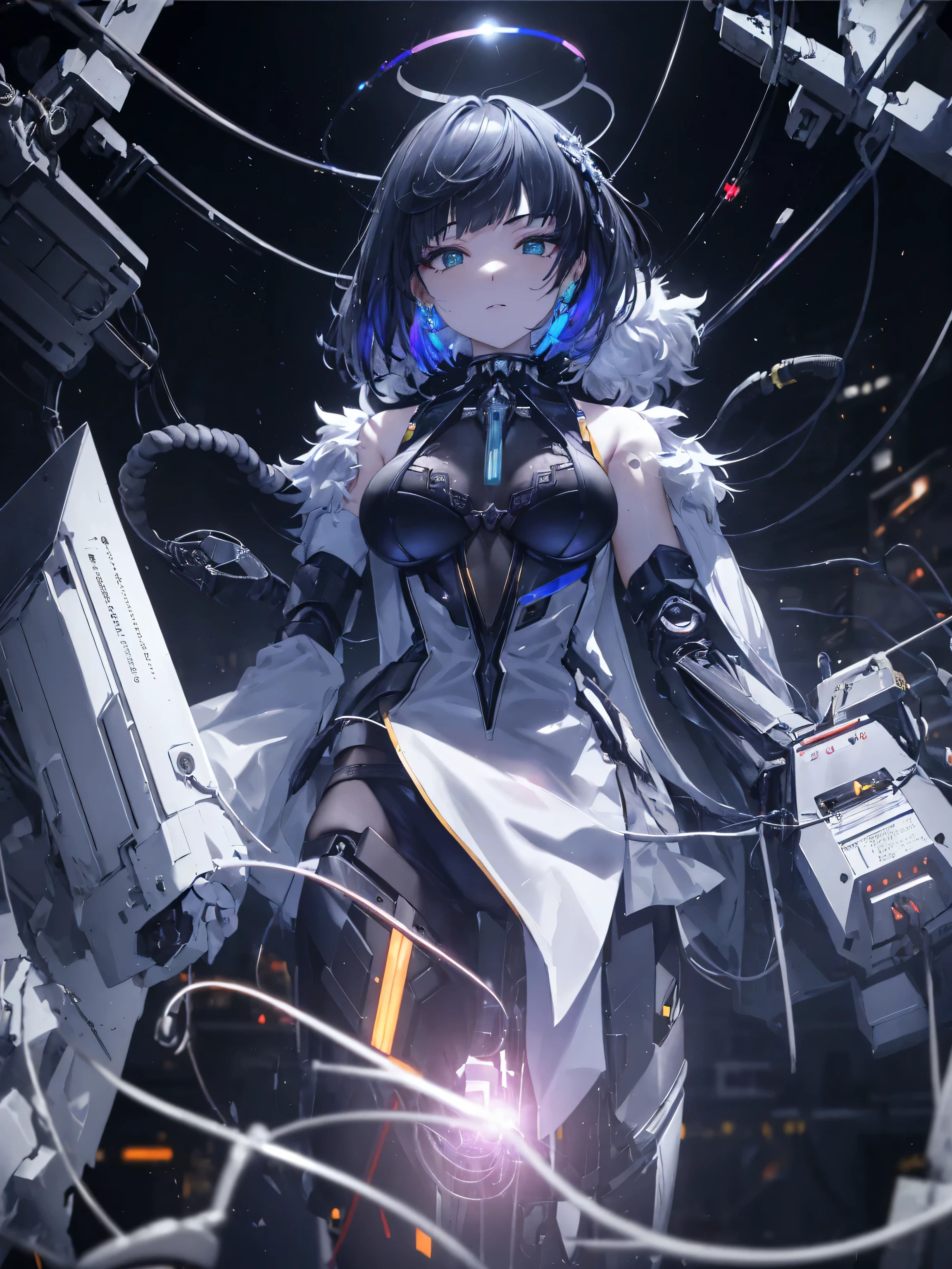 light particles, halo, (bioluminescent:0.95), bioluminescent, piercing glare, vibrant, (((colourful))), color, (glowing, glow), reflection light, depth of field, from behind, multiple views, delicated best quality, (((masterpiece))), ((best quality)), ((ultra-detailed)), (CG illustration), (an extremely devious and beautiful)), cinematic light, ((1 mechanical girl)), (black hair), (short hair), (green eyes), (purple lips), (absurdly large silver robe), single, full, mechanical halo,star halo,intricate mechanical bodysuit, mecha corset, (full armor: yalow and white), (machine-made joints: 1.4), ((mechanical limbs)), ( blood vessels attached to the tube), ((mechanical spine attached to the back)), ((mechanical cervical vertebrae attached to the neck), ((combat stance)), expressionless, (wires and cables attached to the head and body: 1.5), (character focus), science fiction, apocalypse, glow, (full shoot body:1.1)