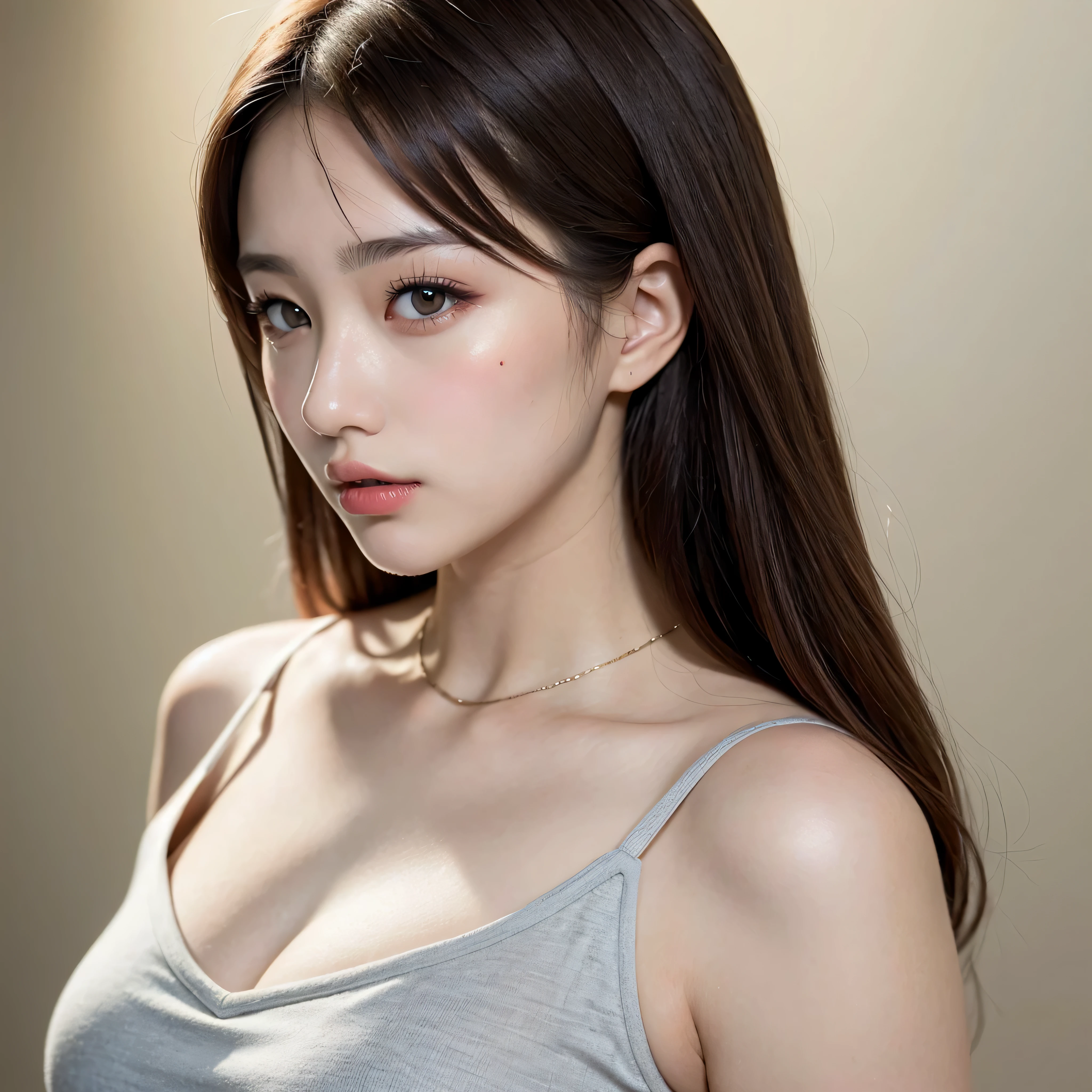 (highest quality, 8k, 32K, masterpiece, Hmm,:1.2), japanese woman, camisole , super detailed face, fine eyes, highly detailed lips ,dark brown hair, slender body shape, Upper body, Natural light