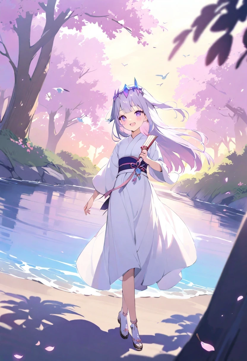 ancient stone jewelry/(Holographic live broadcast/), top quality,ink painting style,Fresh and elegant, clear lake water,cherry blossoms falling at sunset,girl wearing simple white kimono,Holding a folding fan in hand,breeze in the breeze,Tree-lined woods,Cheerful birds singing,poetic scene