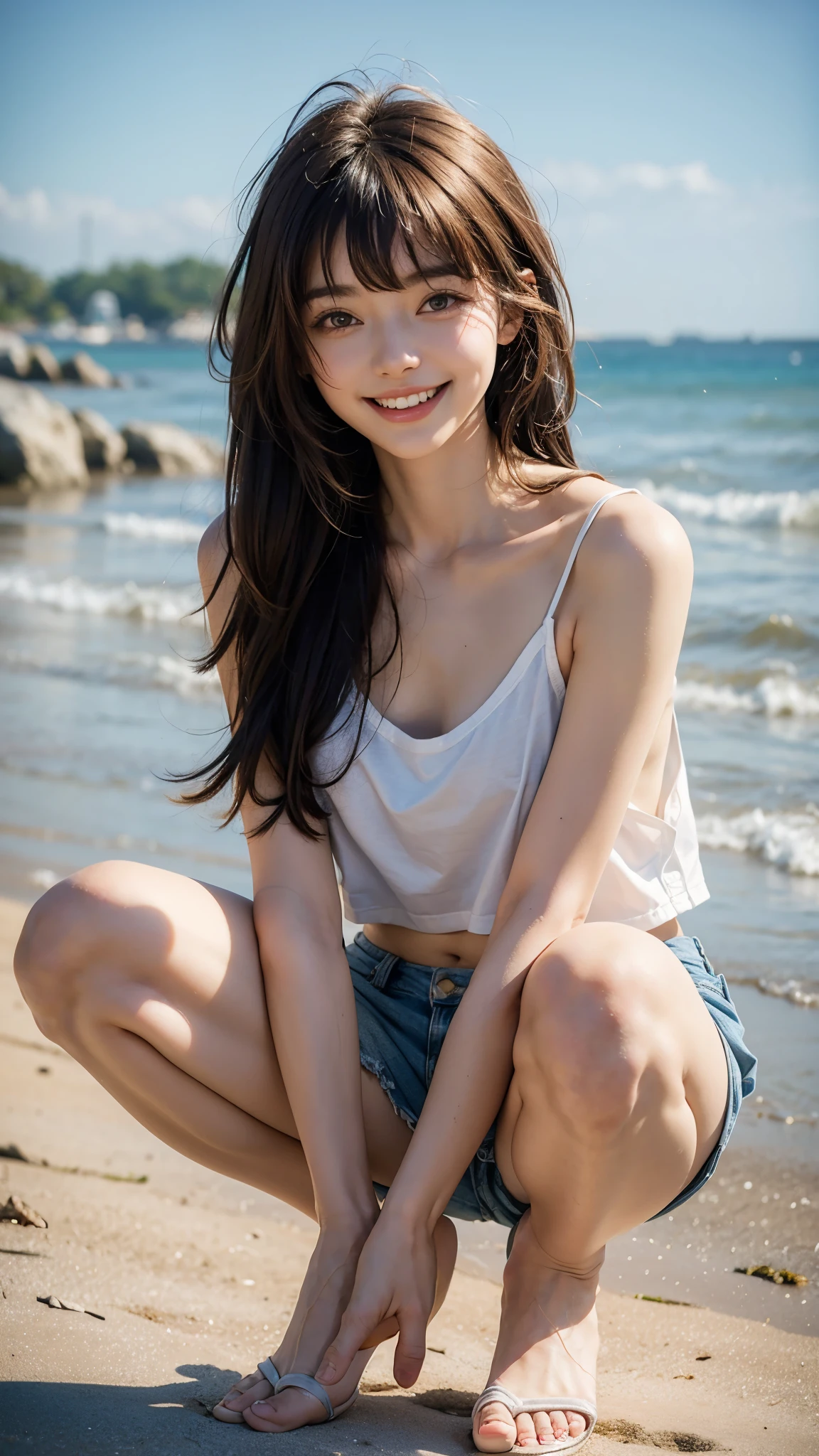 8K、sea the background of、Neat and clean schoolgirl, petite person, See-through clothes, (slim, Small, Flat, Small), Black hair twintails, Photorealistic, detail, (Detailed skin texture:1.15), Ultra Detail, Wear black sandals, delicate sexy collarbone, Smile, Super Detailed Face, Detailed lips, Detailed eyes, 10years old girl、Delicate eyebrows、Little baby face、Professional Photography、watching at viewers、South Island Sea