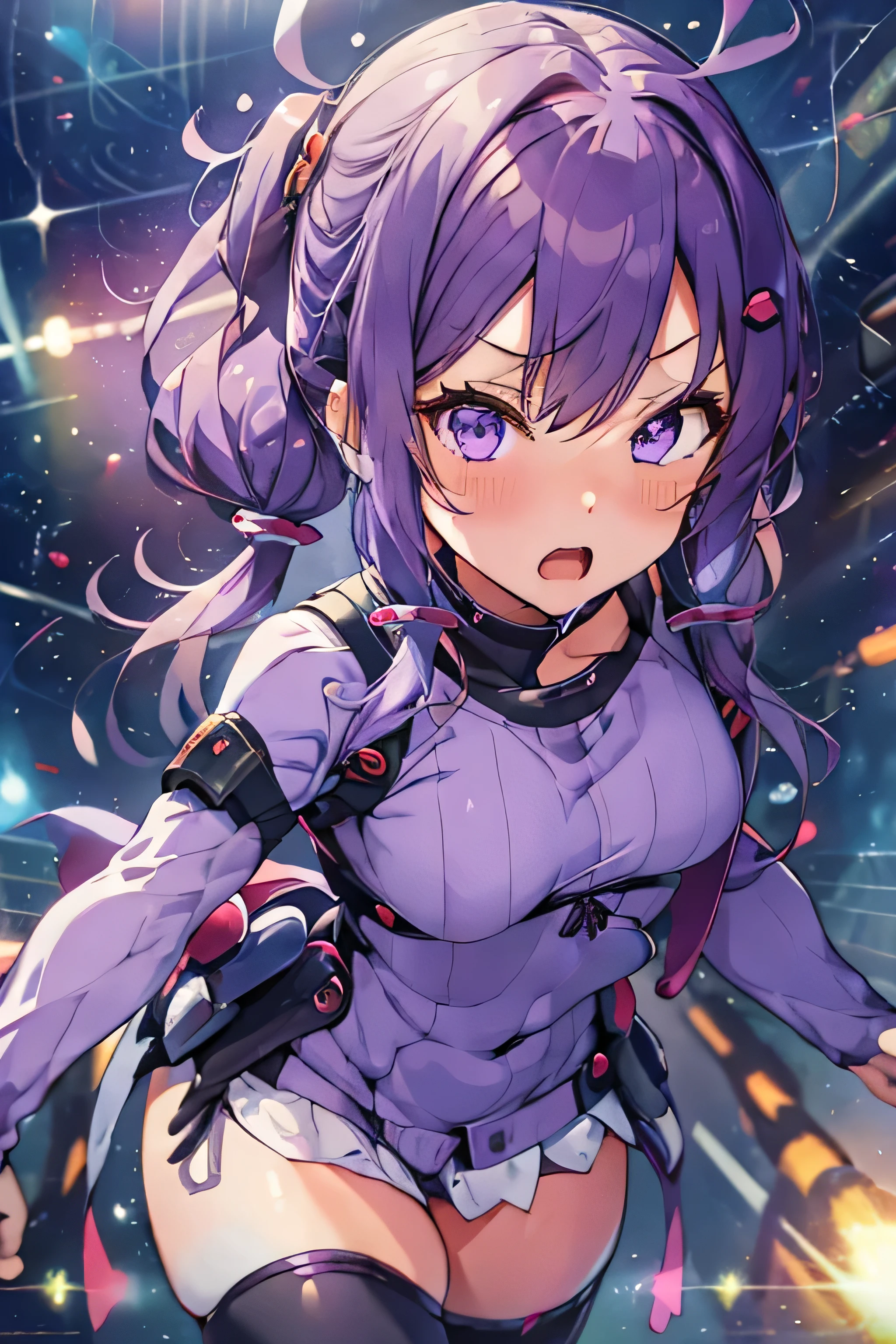 anime style illustration, facing right, highest quality, pilot suit, cockpit, purple hair, long hair, Pigtails, shame, girl 1, solo, universe, open your mouth, angry, close up of face, 