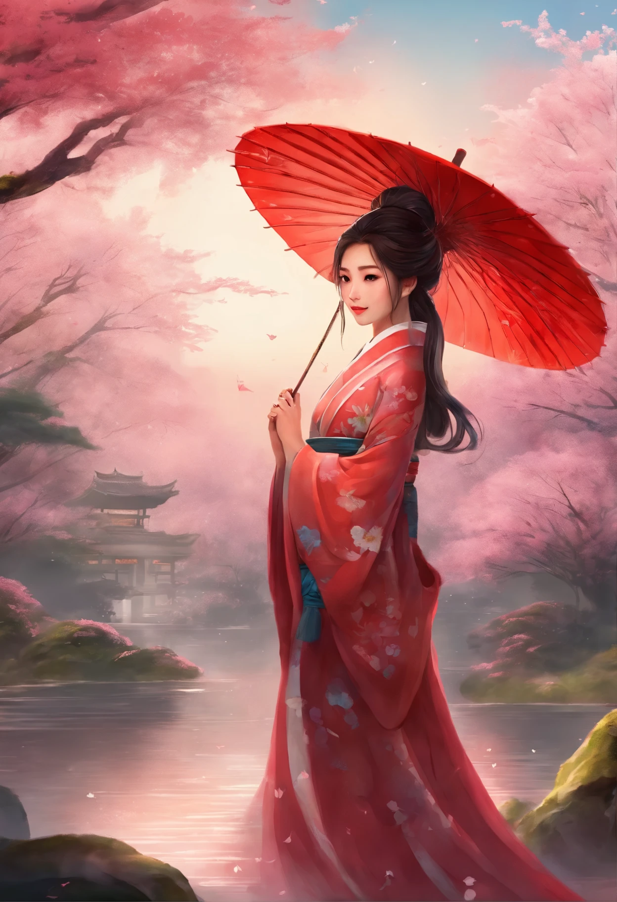 a statuesque japanese woman holding a red umbrella, walking in the sakura garden. she wears a kimono, upper slightly open, perfect body, ponytail hair, smiling