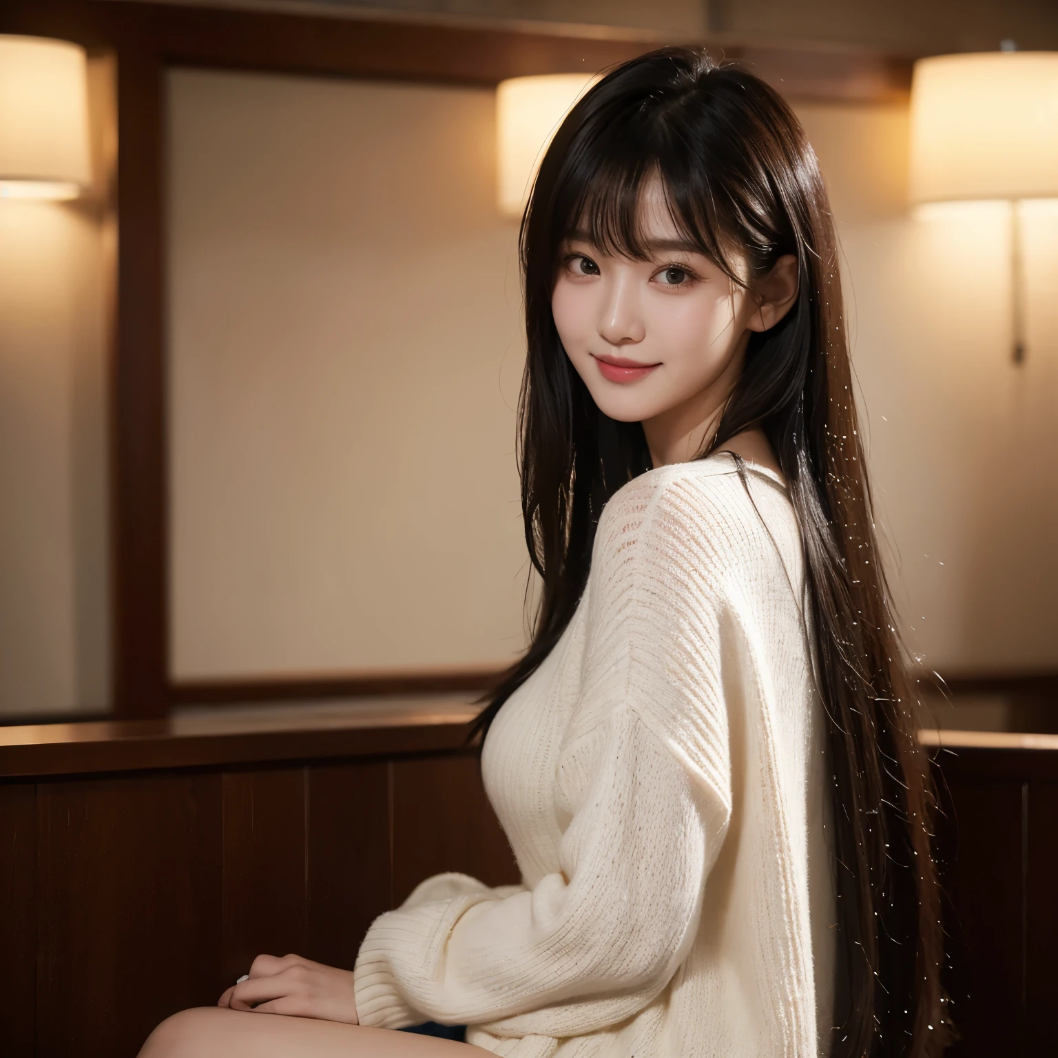 A woman smiling slightly、wearing a knit sweater、Indoor Dating、korean idol、Cinematic photo、faded texture、dark lighting、（looking at the subject from behind、full body shot、back、）wearing clothes、woman sweating、Moist texture、wet hair、highest quality,best quality、Floral、 1 girl,korean idol、Asian young beautiful woman, hyper pretty face、casual hair、 big breasts、 wet body, glossy lips, natural makeup, asymmetrical bangs,High resolution, high detail, detailed hairstyle, detailed face,dark lighting、 great cinematic lighting, surreal, perfect limbs, perfect anatomy