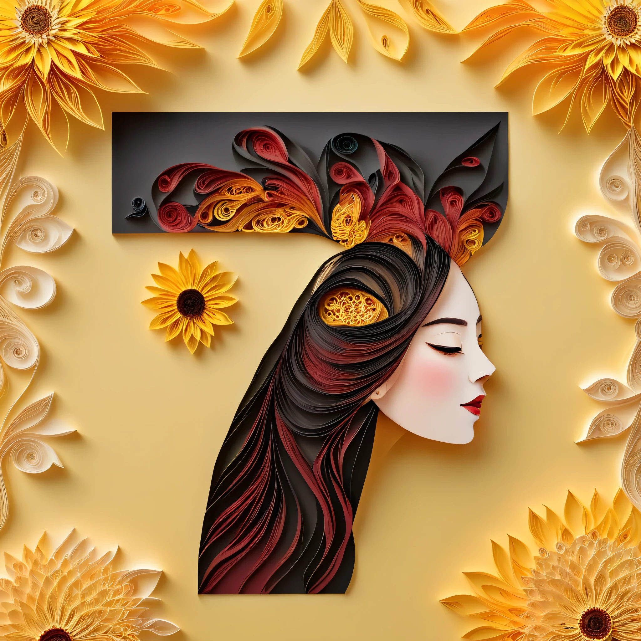 Light yellow background,(Beautiful girl face, sunflower),(Oriental elements, Chinese color,Very colorful)，(number art, paper art,layered paper art,paper quilling,paper-cut,paper sculpture)