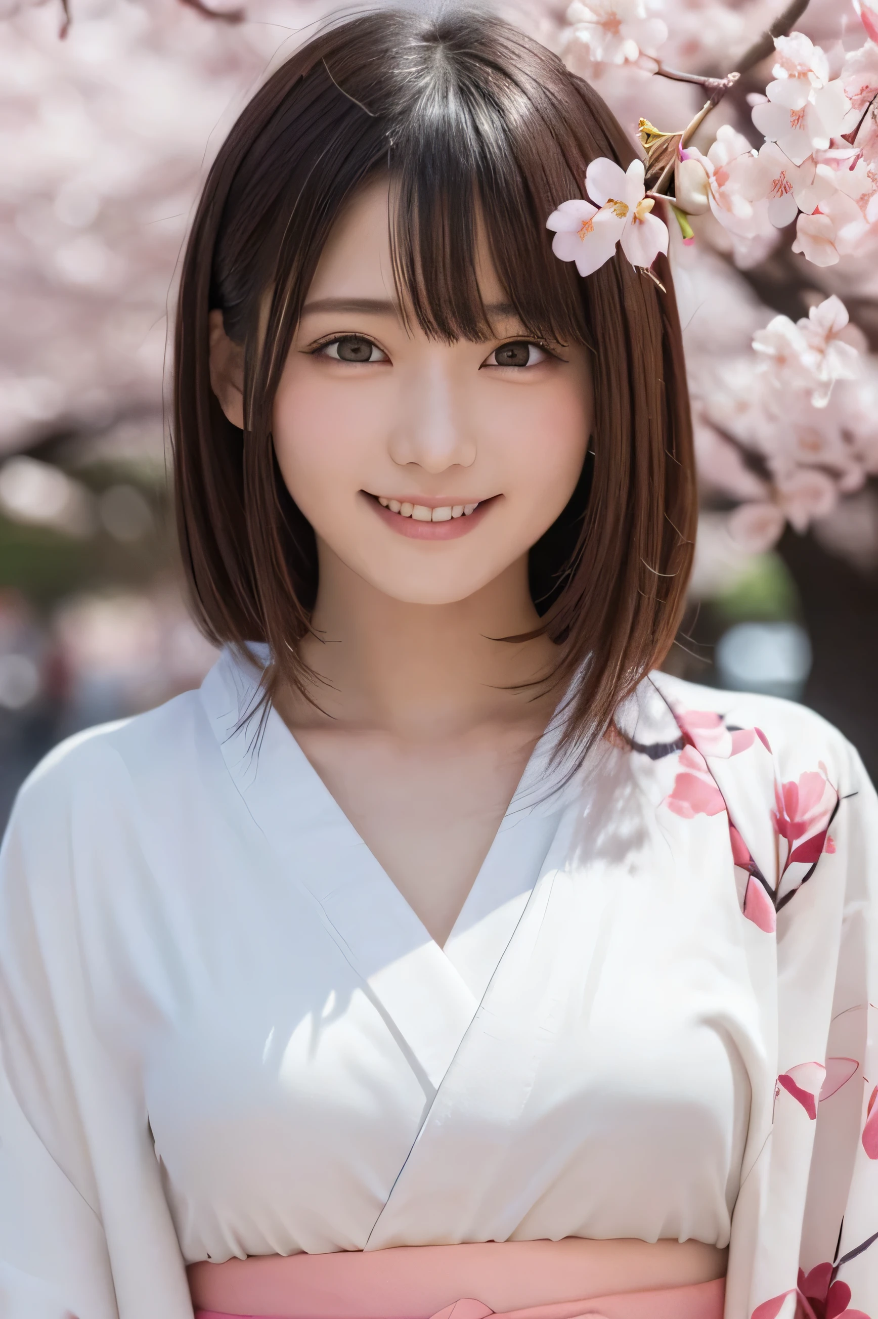 one girl, (beautiful girl, delicate girl:1.3), (16 years old:1.3),
break, (Floral, kimono, kimono, white kimono:1.3),
break, very fine eyes, (symmetrical eyes:1.3),
break, (cherry blossoms, filled with cherry blossoms, surrounded by cherry blossoms:1.2), perfectly trimmed fingers,
break, small breasts, brown eyes, parted bangs, brown hair, (upper teeth, best smile:0.6),
break, (Eye and face details:1.0),
break, (masterpiece, highest quality, Super detailed, detailed face, 8k),Random smiles, ((best smile)), random sexy pose,(Dresses in different colors)