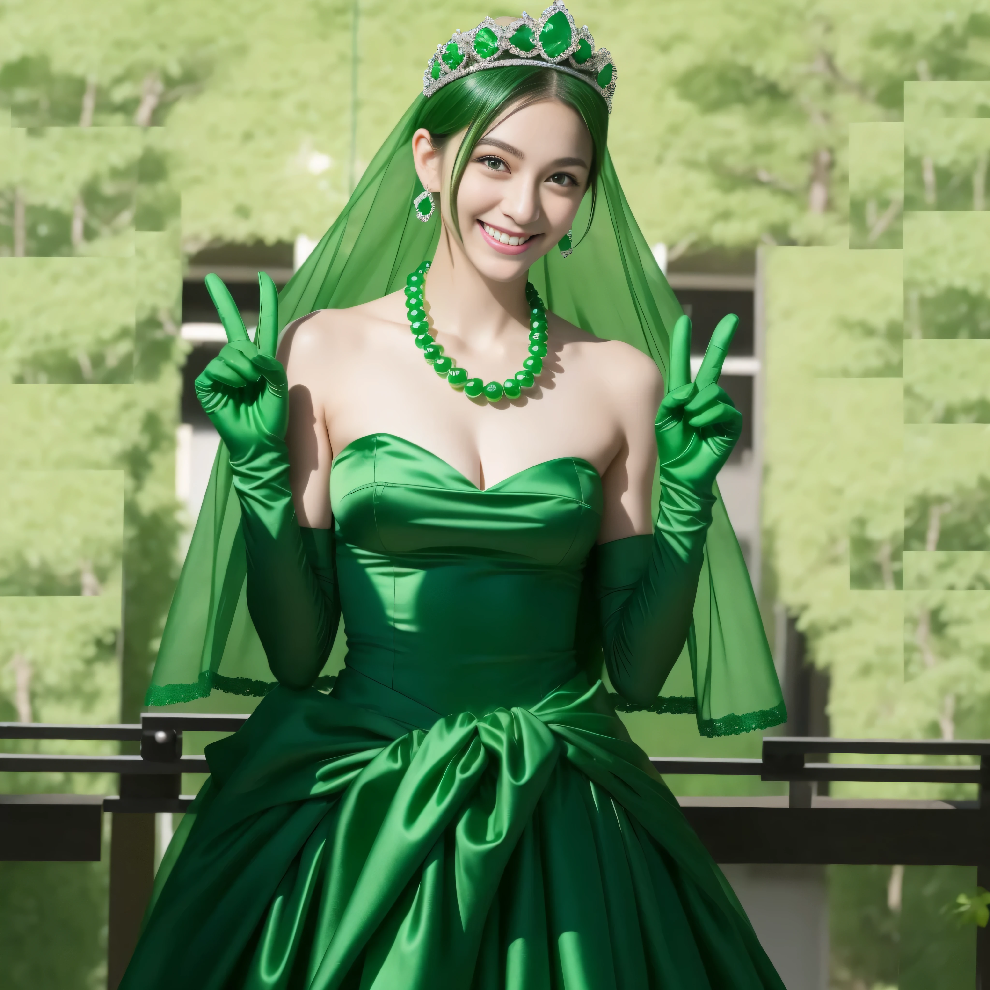 emerald tiara, Green Pearl Necklace, Boyish green berry short hair, lipstick, Smiling Japan woman, very short hair, big breasts beautiful, green eyes, Green long gloves made of satin material, green eyes, v sign, emerald earrings, green gloss