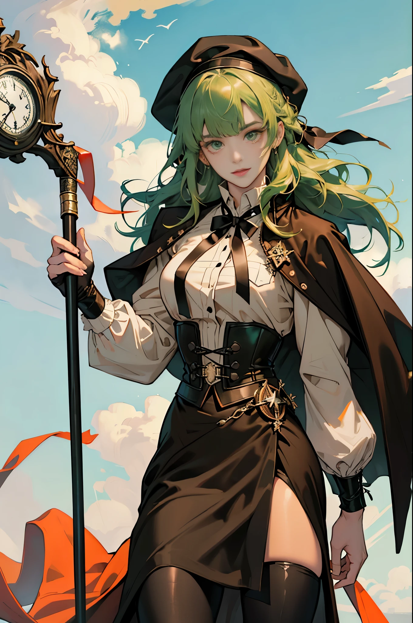 masterpiece, ultra detailed, 8k portrait, RAW photo, portrait photography, highly detailed face, beautiful and meticulous eyes, ((Fantasy)), Young beautiful, 22 years old, dynamic pose, (((Long Straight deep green hair))), ((One side is woven with orange ribbon)), blunt bangs, beret, White skin color, Luxury, hooded (((dark brown))) (((silk long cloak))) fluttering in the wind, (((dressed shirt))), (((silk maxi skirt))), leather corset, (((dark thigh high tights))), high cut leather boots, (((lift up long magical staff))), ((equip a pocket watch)), Midday Sun, hyper realistic, Body model, Small breasts, Beautiful breasts, Long legs, in the castle, Ambient lighting, Shadow details , Camera focus on face, strong breeze, Light fog
