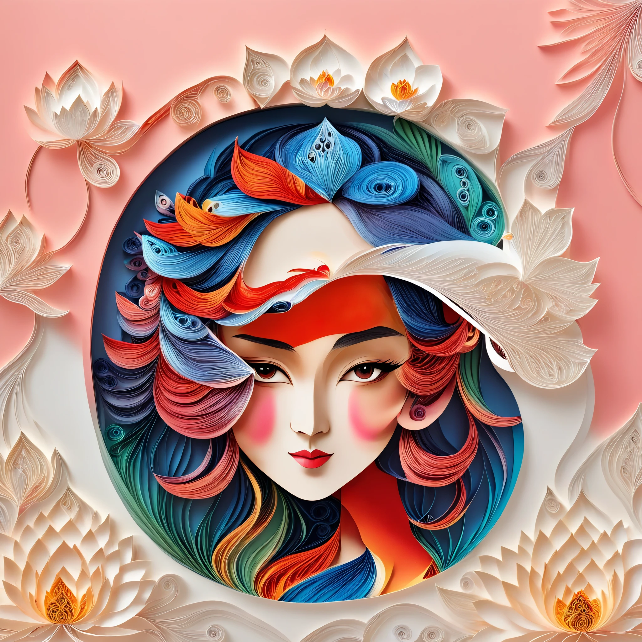 Light red background,(Beautiful Oriental Girl face,white lotus),(Oriental elements, Chinese color,Very colorful)，(number art, paper art,layered paper art,paper quilling,paper-cut,paper sculpture)