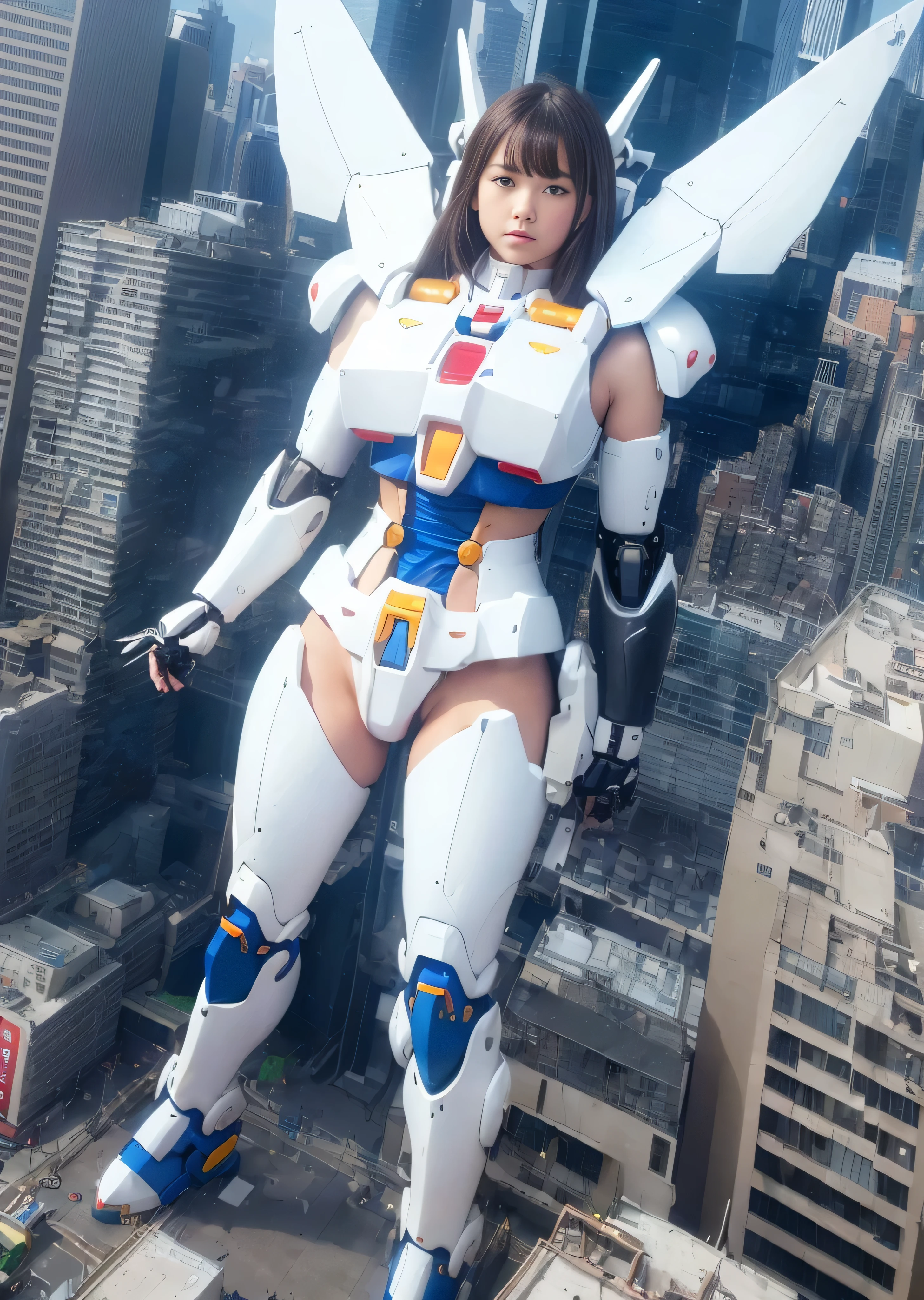 (((RAW image quality:1.4))), ((A giant mechanical woman much bigger than a skyscraper:1.4)), , beautiful顔, rough skin, Super detailed, advanced details, high quality, 最high quality, High resolution, 1080p, hard disk, beautiful,((White Gundam:1.4)),beautiful almost,He is wearing Gundam-like white parts.,mechanical joint, Machine arms and legs, Mechanical parts that protect the bust top, cleavage, mechanically protected groin, Excluding bust top and crotch, Raw skin is exposed., almost naked, perfect proportions, (Brown hair fluttering in the wind), beautiful青い目, full body shot, very small metropolis。Sitting in a miniature metropolis just a few feet tall, stomping city,crash city,small town,micro city, small cars and trains, Configuration from above, deep blue sky, (Metal pants that dig into the crotch),