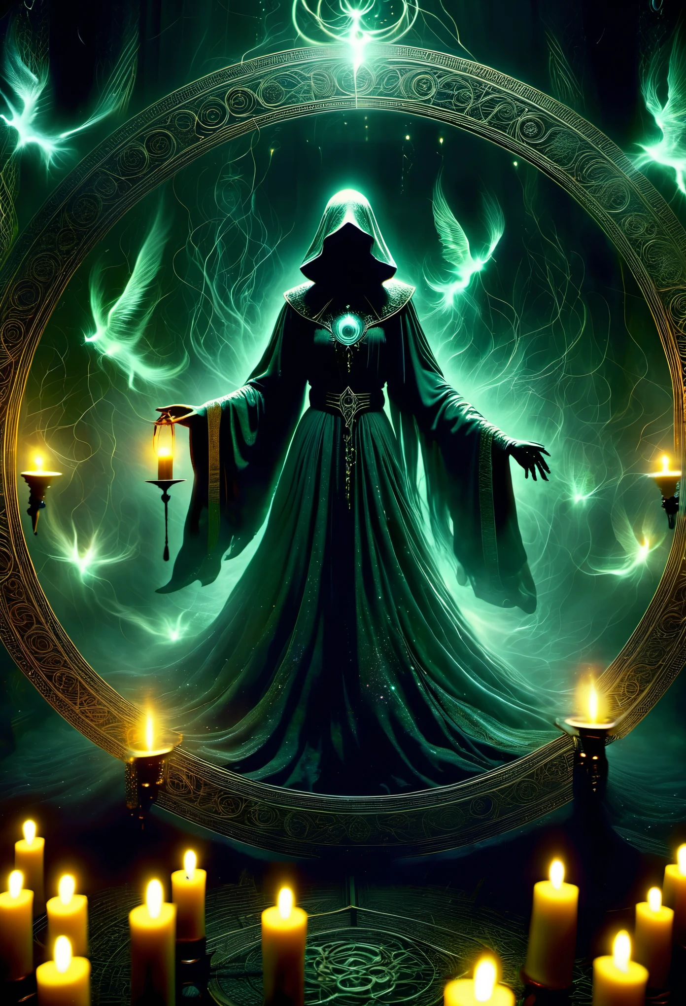 (best quality,4k,8k,highres,masterpiece:1.2),ultra-detailed,(realistic,photorealistic,photo-realistic:1.37),magic circle,spells,candles,darkness,horror,detailed patterns,sinister atmosphere,eerie shadows,[occult],[macabre],[mystical],muted color tones,gloomy lighting,cryptic symbols,ominous aura,backlit figures,supernatural presence,ominous whispers,dark fog,mysterious energy,haunting ambience,ghostly apparitions,whispering voices,flickering flames,malevolent presence,ritualistic setting,dimly lit room,uncanny stillness,otherworldly essence,ethereal glow,mystifying incantations,magic manifestations,enchanted artifacts,spellbinding rituals