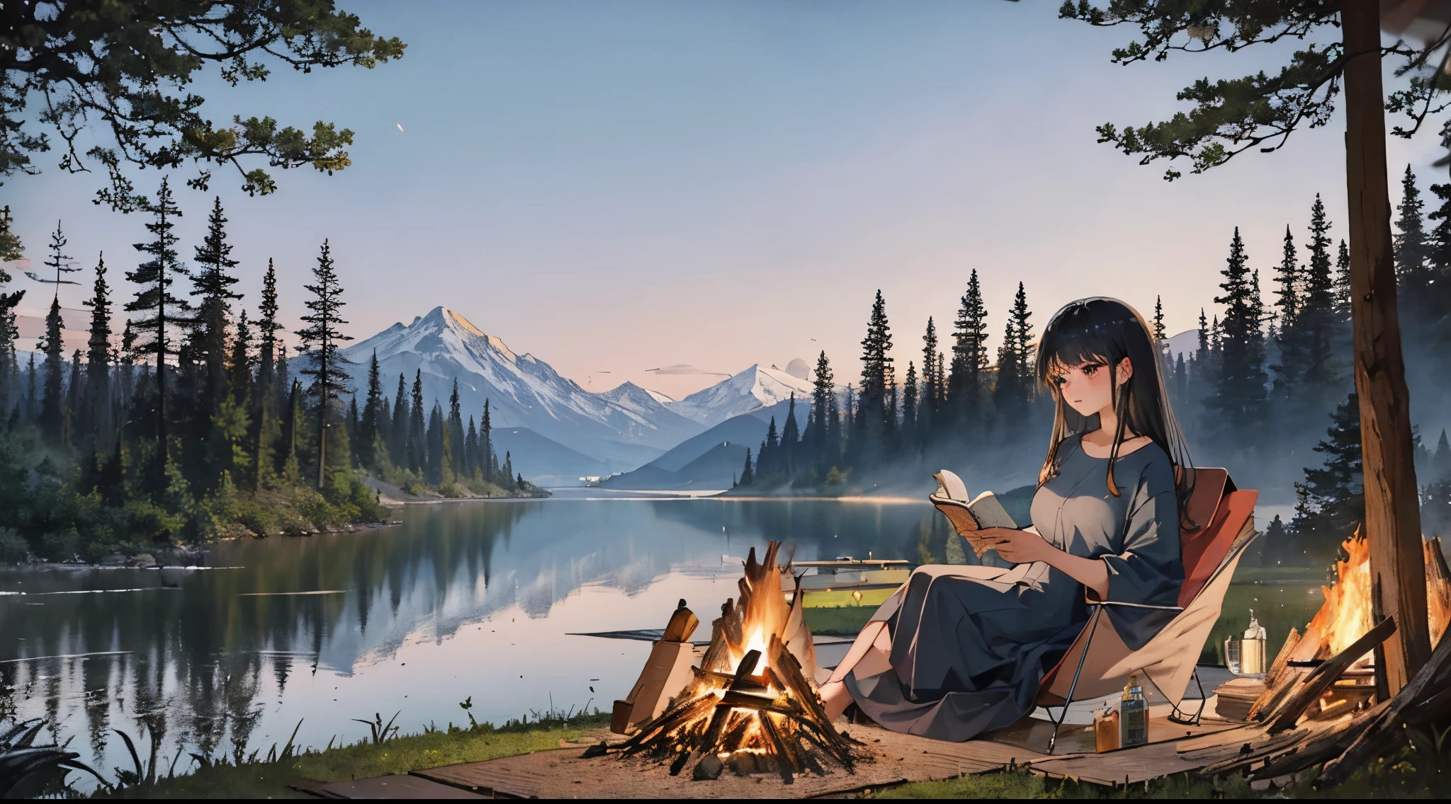 A woman with long black hair reads a book while making a bonfire at a campsite surrounded by trees by the lake at dusk.