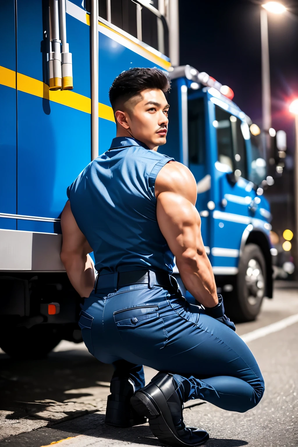 40-year-old boy ,Korean male officer ,Thin mustache...,handsome ,Wear a light blue police shirt..............., light grey tight trousers, Black boots and dark navy gloves.,sit on the ground , His legs spread apart................................, Police Logo ,tight breasts ,Muscle Man , ((The arm muscles are very large...................)) ,large , Wide shoulders ,open legs, head turn slightly to looking back to the camera, rear shot............................................... ,((unrealistic super big tight butt wearing pants))....................................... ,Sexually suggestive, (Dynamic Poses:1.1) , thights , (Embossed Focus:1.2),On your knees........................., toilet room at night , Best qualtiy , Wide lens ,deep depth of field ,Bokeh background
