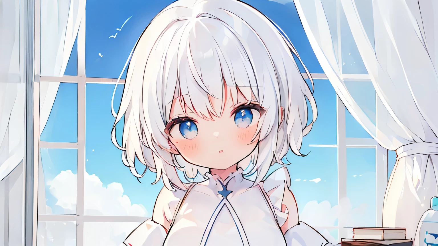 ((high quality,最high quality,8k,best image quality,))girl 1,cute,(white hair:1.2),,cute,(wavy hair:1.1),(short hair:1.2),less exposed,upper body only、(dark blue eyes:1.1)、Angel、(Angelの輪:1.1)、(White ruffles:1.1),(White rufflesドレス:1.3)、white gothic clothing,selfie