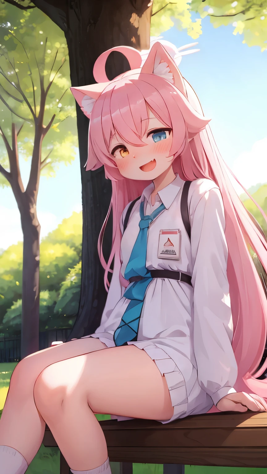 (young :1.3)cat girl,pink cat ears,pink cat tail,pink long hair,sitting,pubic park,shy face,smile,open mouth,full face blush,behind bush,again tree