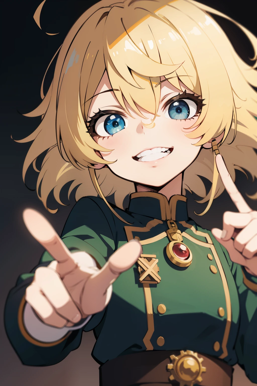Tanya、blonde hair、smile showing teeth、pointing finger、