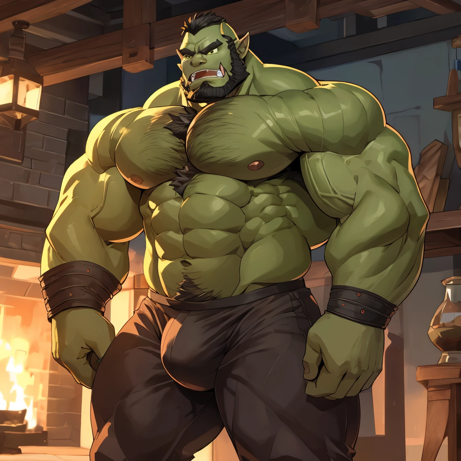 (best quality) humanoid male orc, green skin, tall, thick bottom canine tooth, angry expression, muscular body, huge pecs, bara pecs, hairy chest, bulge in underwear