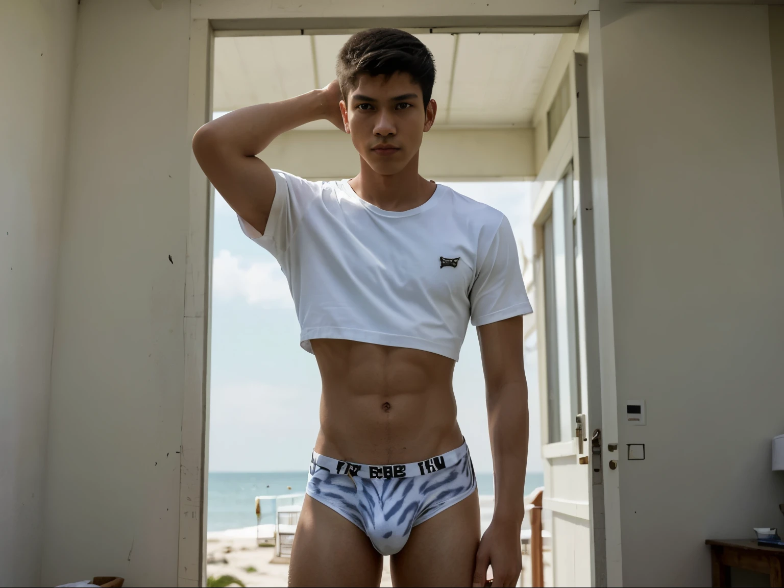 teenage boy ,Thai person, ,handsome,Wear a white shirt., Wear tiger print underwear , Slim figure , No muscles. , ,No muscles. ,lean skinny, Stand and see the whole thing. , seaside , daytime