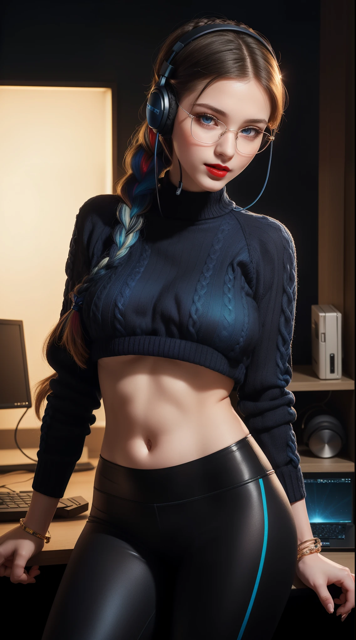 realistic art, extremely delicate and beautiful, ultra detailed, (1 beautiful 20 year old woman), blue eyes, floating, detailed light, illustration, dynamic angle, depth of field, feminine, long hair, (black and blue hair), hair multicolored, hair with blue highlights, (ponytail), ((headphoneakeup, braid, red lips, mouth half open, vampire eyes, pale white skin, perfect body, perfect abdomen, perfectly round butt, ((( best quality))), (blur background: 0.6), in a room with computers and video games, glasses, (headphones), ((black and blue sweater, underboobs)), (black and blue very short leggings), gorgeous, soft lighting, (front light: 1.5), shy, choker, smile, jewelry, bracelet, accessories, (ultra high resolution, best quality), (8k, raw photo, best quality, masterpiece), meaning technological, best quality, masterpiece, illustration, CG, unity, wallpaper, official art, amazing, fine details, extremely delicate and beautiful, extremely detailed, highly detailed, sharp focus, rich background, (real person, photography), ((very detailed skin)), posing at the camera, (((looking at the camera))).