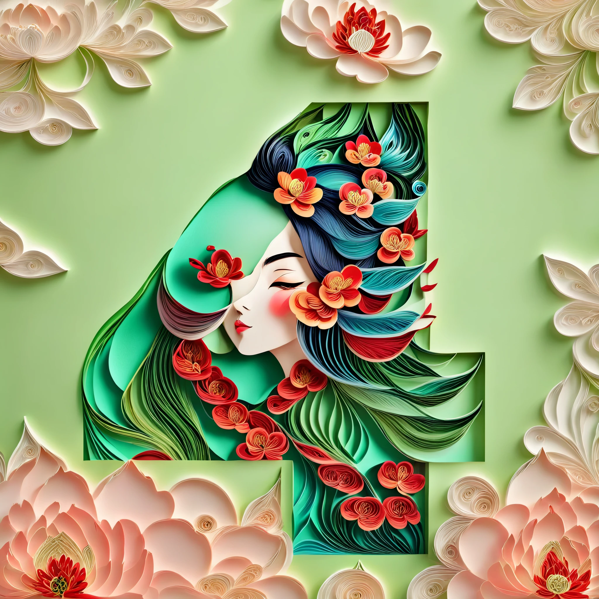 Light Green background,(Beautiful Oriental Girl face, red Peony),(Oriental elements, Chinese color,Very colorful),(number art, paper art,layered paper art,paper quilling,paper-cut,paper sculpture)