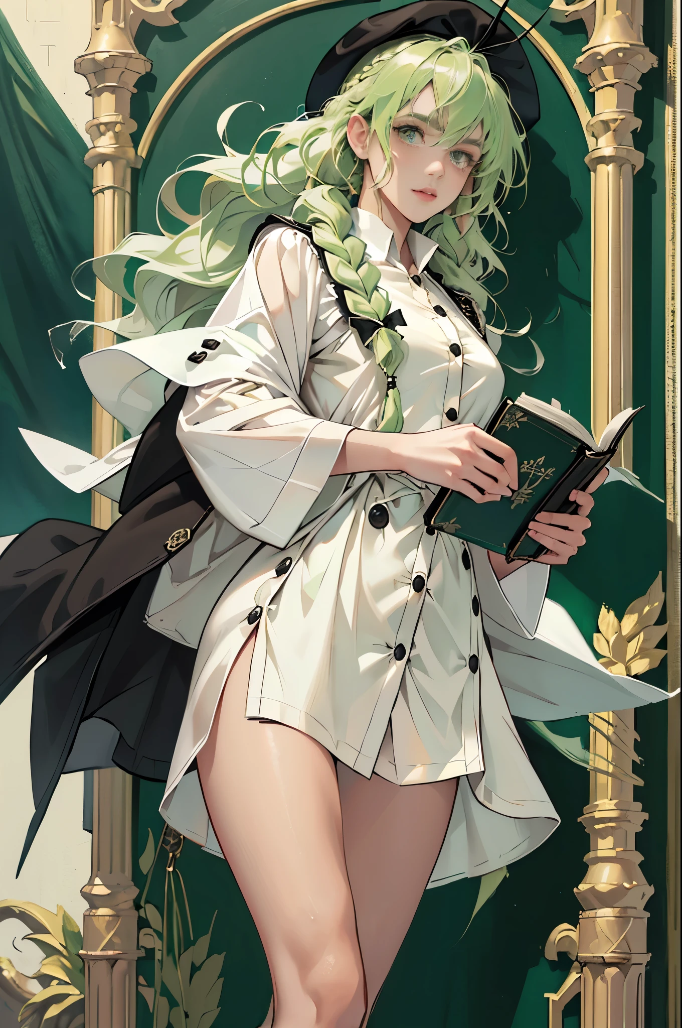 masterpiece, ultra detailed, 8k portrait, RAW photo, portrait photography, highly detailed face, beautiful and meticulous eyes, ((Fantasy)), Young beautiful, 22 years old, (((drooping eyes))), dynamic pose, (((Medium wavy light green hair))), ((braided twin tail)), parted bangs, White skin color, Luxury, (((black mortarboard cap))), (((white silk long cloak))) fluttering in the wind, (((many buttons Shirt dress))), (((black shorts))), high cut leather boots, ((holding magic book)), Midday Sun, hyper realistic, Body model, Small breasts, Beautiful breasts, Long legs, in the castle, Ambient lighting, Shadow details , Camera focus on thigh, strong breeze, Light fog