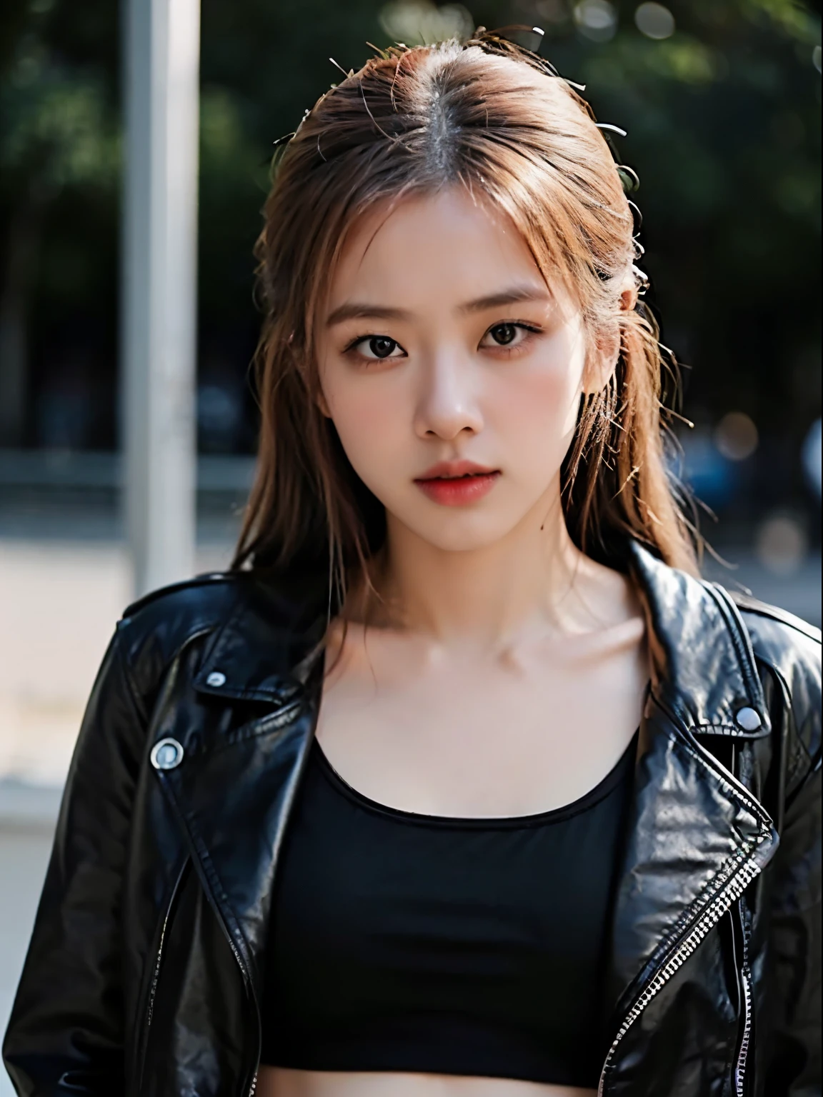 (8k、RAW Photos、top-quality、​masterpiece:1.2)、(realistic Photo-realsitic:1.37)、1girl in、japanese, 18-years old, face lights, Detailed face、Detailed lips, (wearing a black faux leather jacket over sports bra:1.5), (exposed right shoulder :1.5), right raised a bit, seductive pose, opened jacket, long black hair,