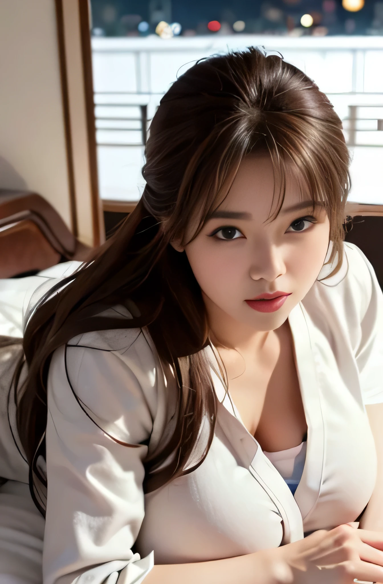 ((night view.), realistic light, highest quality, masterpiece:1.3)), 1 girl, Beautiful woman: 1.4, (brown hair, huge breasts: 1.4), floor, super detailed face, beautiful blue eyes, double eyelid, asian women, japanese uniform, korean girl, japanese school uniform, Amazing Uniform, White Fashion Clothes, japanese school uniform, Stylish white tights set, cute cute girl, korean female fashion model, moan, bloom!, 8k,upper body nude、staring at the camera、O-Cup Breast、big ass、bigfoot、I can see very big breasts、Glamour、bed