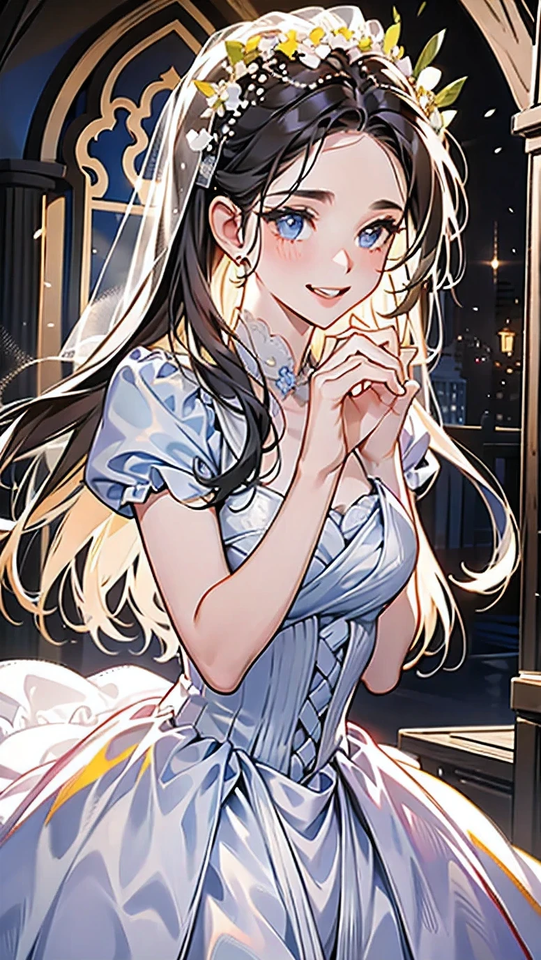 (best quality, masterpiece:1.2), (actual:1.3),, (ultra-Detailed background, Detailed background), Bokeh,, , Gorgeous ball gown, luxury ball gown, 大V胸Wedding dress, Wedding dress, bridal gloves, Bridal cascading bouquet,, Upper body,, church wedding,, perfect , 1 girl, charming, teenager, posture, smiling,, dynamic angle, dynamic postures,, , very long hair