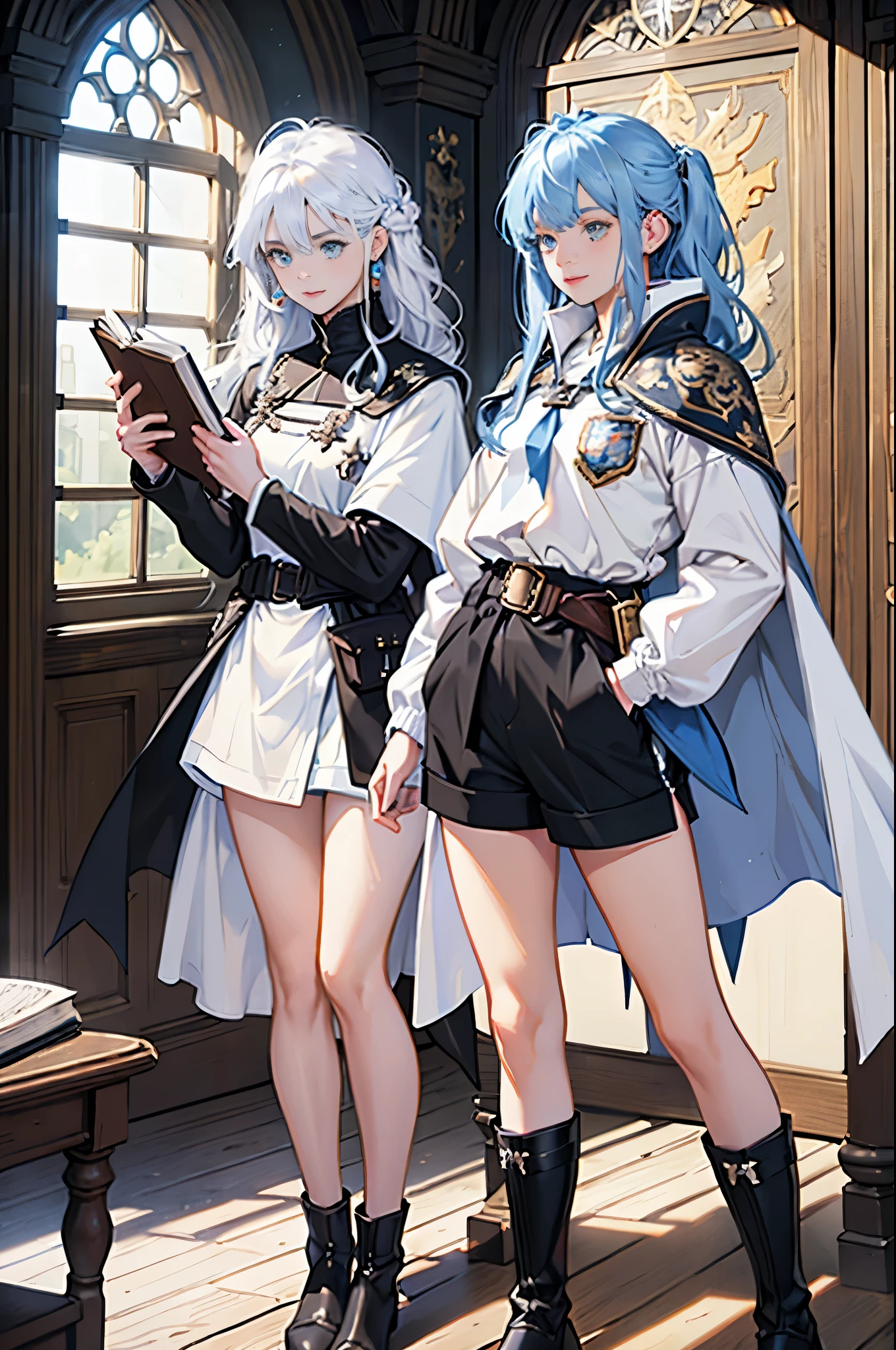 masterpiece, ultra detailed, 8K Portrait, Raw photo, (((((2 girls))))), girls photography, full body, Highly detailed face, ((Fantasy)), , (((classmates))), smile, various hairstyles and hair color, (((white long tunic with a single vertical blue line))), (((black shorts))), (((white cape with coat of arms))), (((little waist hip pouch))), leather boots, various pose, ((holding magic book)), In the classroom of the medieval magic school, Midday Sun, Hyper realistic, Ambient lighting, Shadow details , Camera focus on face, strong breeze, Light fog