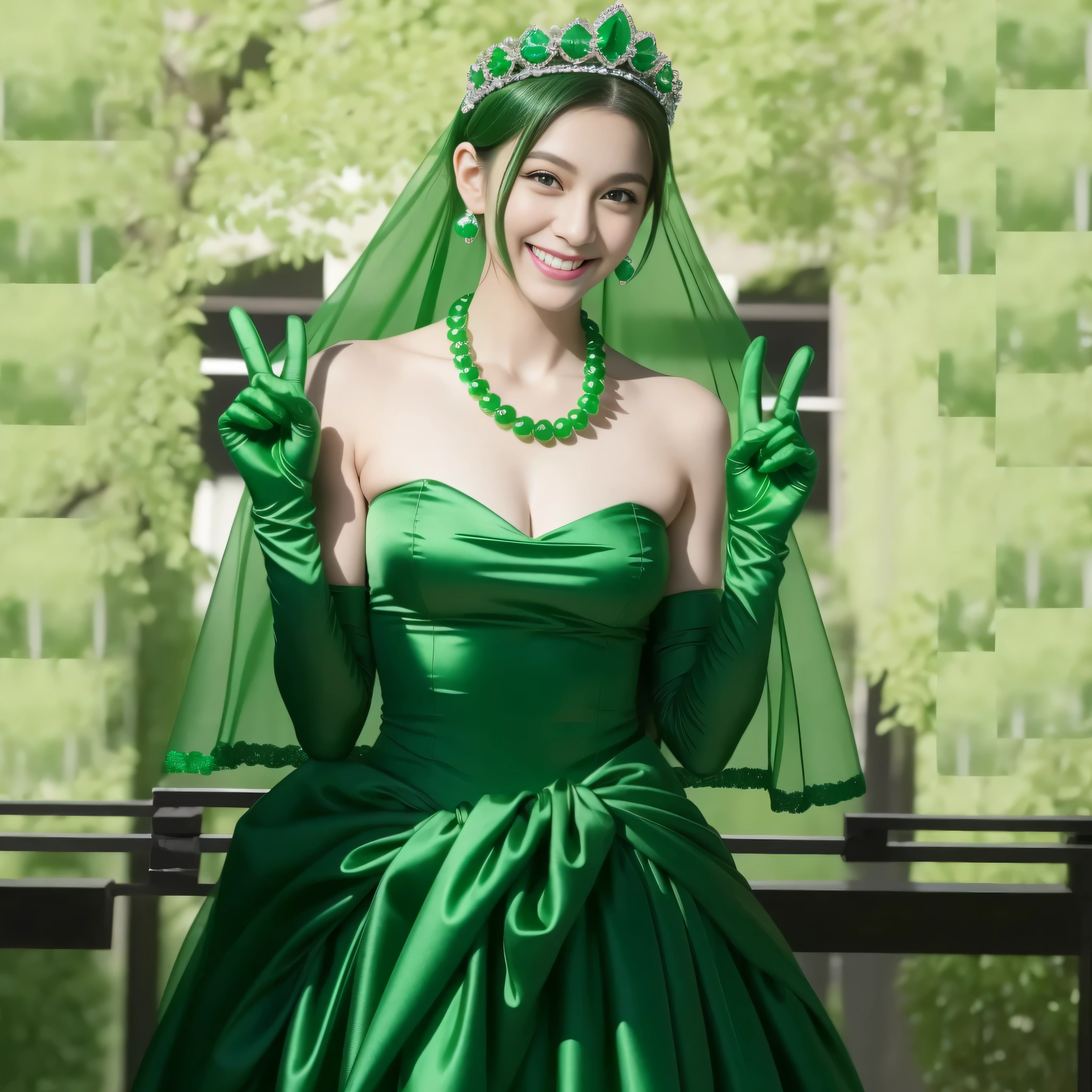 emerald tiara, Green Pearl Necklace, Boyish green berry short hair, lipstick, Smiling Japan woman, very short hair, beautiful, green eyes, Green long gloves made of satin material, green eyes, v sign, emerald earrings, green gloss