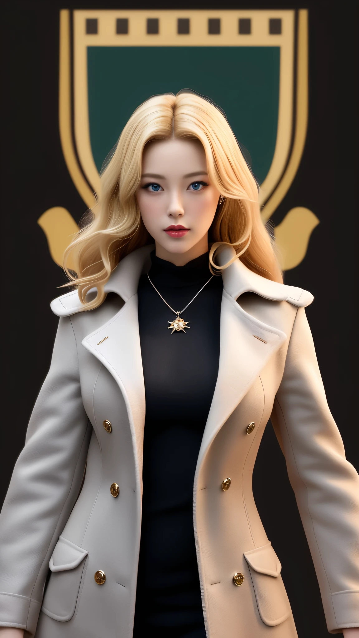 Realistic Red Sotheby Girl Photo，35 year old beautiful woman，long side waves，delicate blonde hair，cool look，background is gray，Coat of arms of the Principality of Zeon，