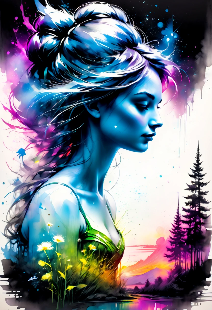 fluorescent horizon, cg graphics illustration, 
high quality, 8K Ultra HD, A beautiful double exposure that combines a goddess silhouette with a spring field, spring field should serve as the underlying backdrop, with its details incorporated into the goddess , crisp lines, The background is monochrome, sharp focus, double exposure, awesome full color,
style of Jean Baptiste Monge, Thomas Kinkade, David Palumbo, Carne Griffiths.