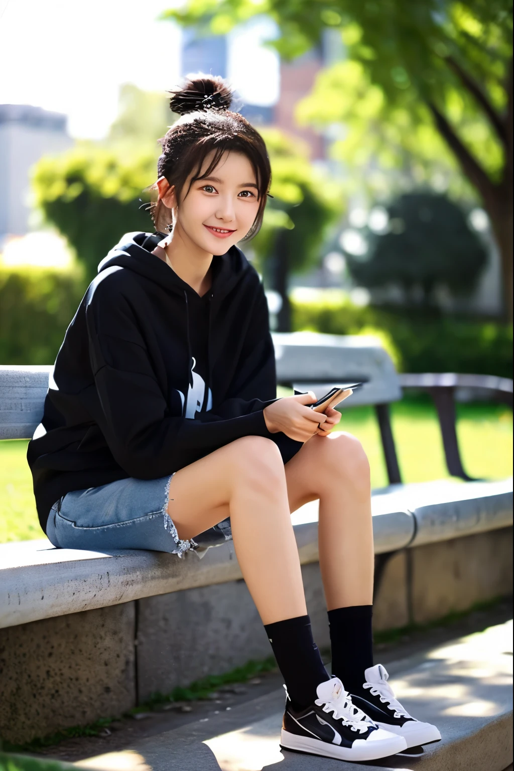 A neat and beautiful woman sitting on a park bench、black hair、hoodie、skinny denim、sneakers、refreshing smile、smiling showing teeth、full body photo、