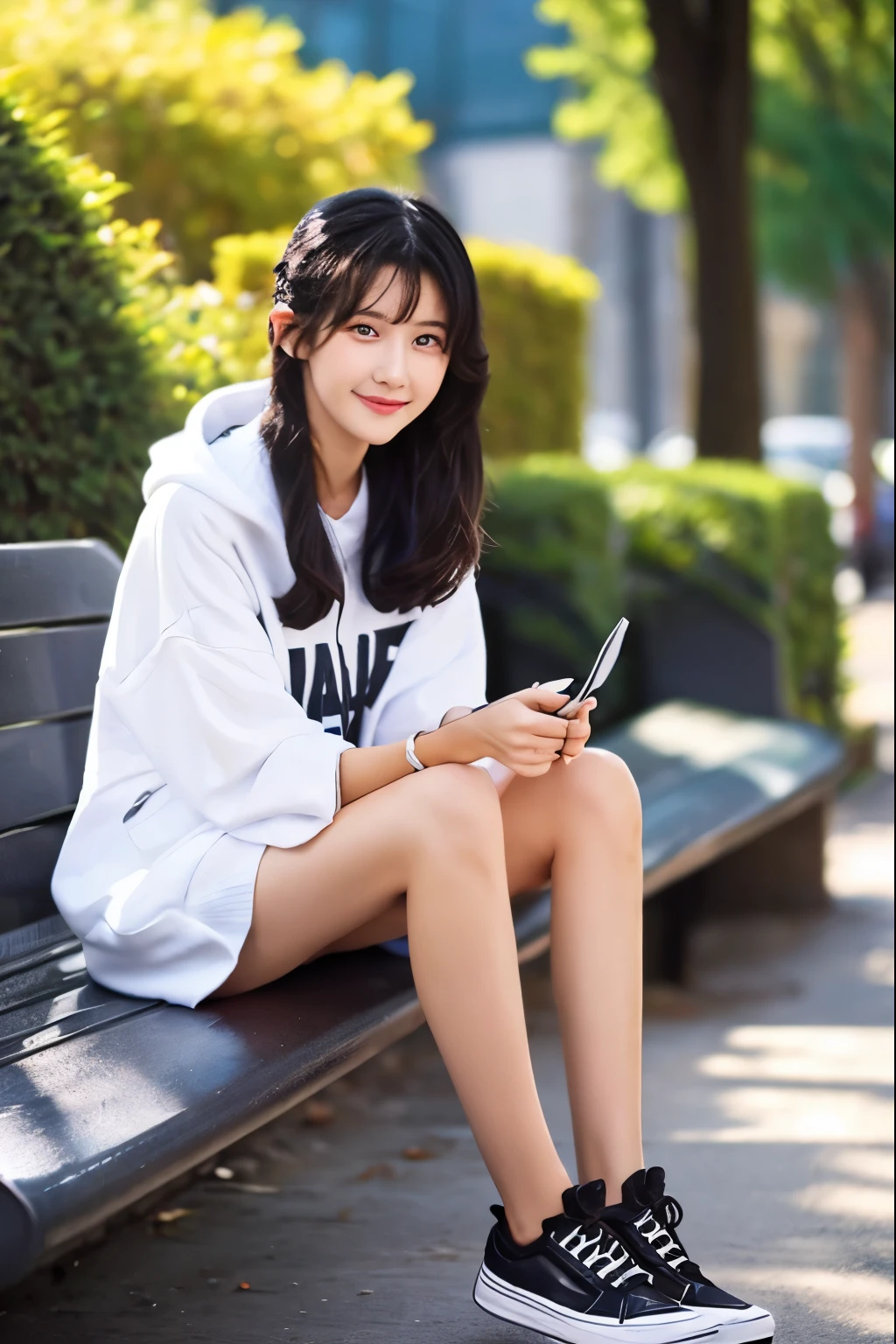 A neat and beautiful woman sitting on a park bench、black hair、hoodie、skinny denim、sneakers、refreshing smile、smiling showing teeth、full body photo、