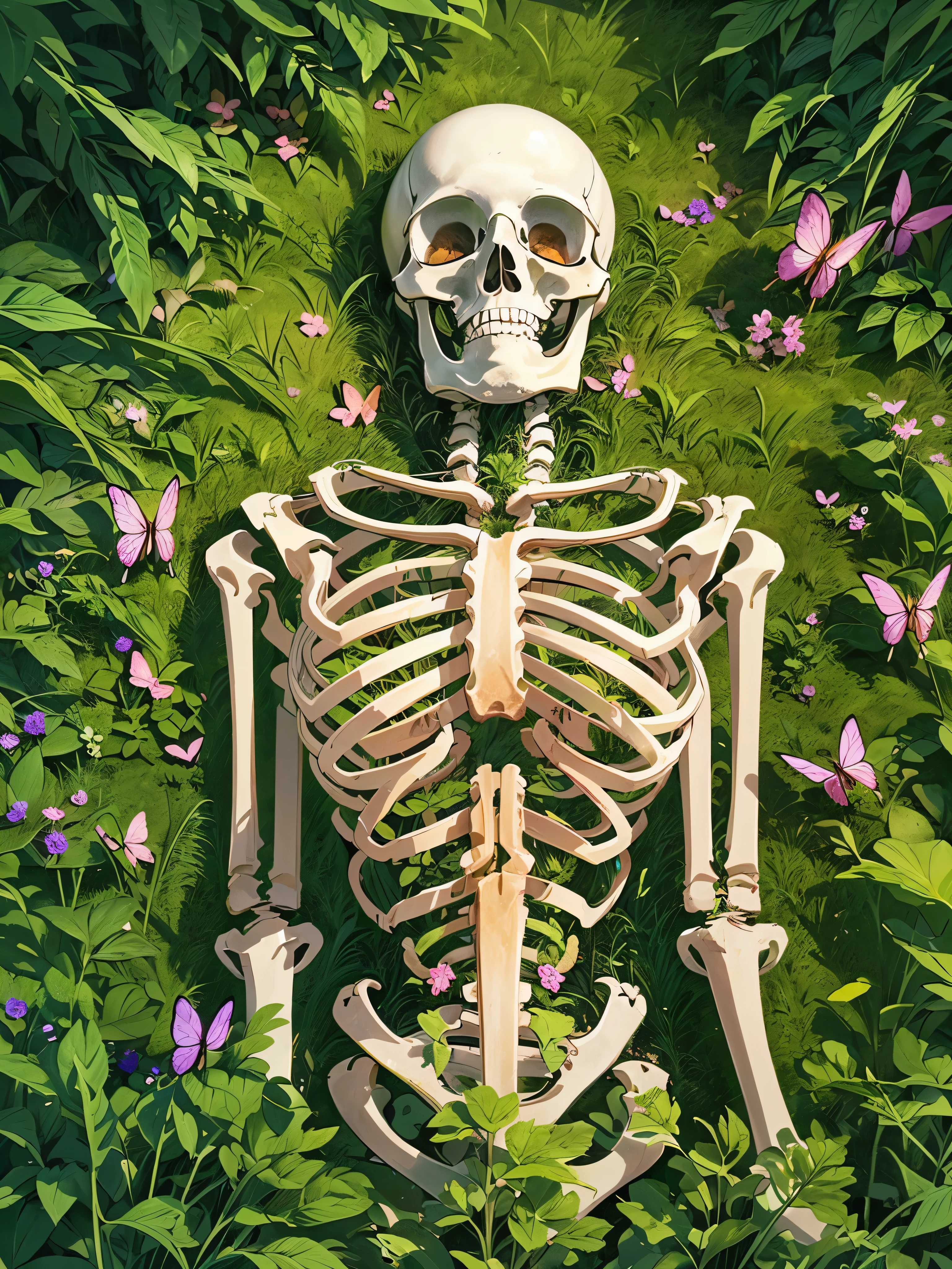 (masterpiece:1), (aerial view:1.5), (human skeleton lies nestled amidst a sea of verdant grass:1.6), (cycle of life and death merges seamlessly:1.3), silence, (wildflowers pepper the landscape:1.4), (skeleton now becomes part of landscape:1.2), magnificent sky, (Dim volumetric light:1.4), peaceful, (beautiful scattered cloudy sky), (beautiful tones:1.5), (peaceful ambience :1.4), (calmness: 1.4), (vines creep over the skeleton:1.3), (beautiful aesthetics:1.2), (Butterflies flit gracefully from flower to flower:1.2), beautiful tones, subtle colors, peaceful, (illustration: 1.0), epic composition, realistic lighting, HD details, masterpiece, best quality, ,(no human:1.7)