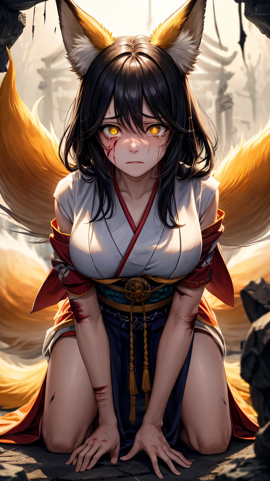 (masterpiece, best_quality, ultra-detailed, immaculate:1.3), portrait, upper body, detailed face, detailed hands, ((1girl:1.35)), epic, kitsune, ((9 tail fox)), foxgirl, japanese spirit, sexy kimono, ((damaged, bloody, Injured, action pose)), ((Defeated pose, falling on knees:1.35)), ((dramatic, sadness face expression, crying)), curvy body, messy black hair, disheveled hair, animal eyes, yellow fox glowing eyes, priestess of love, priestess of passion, dark deep cave background
