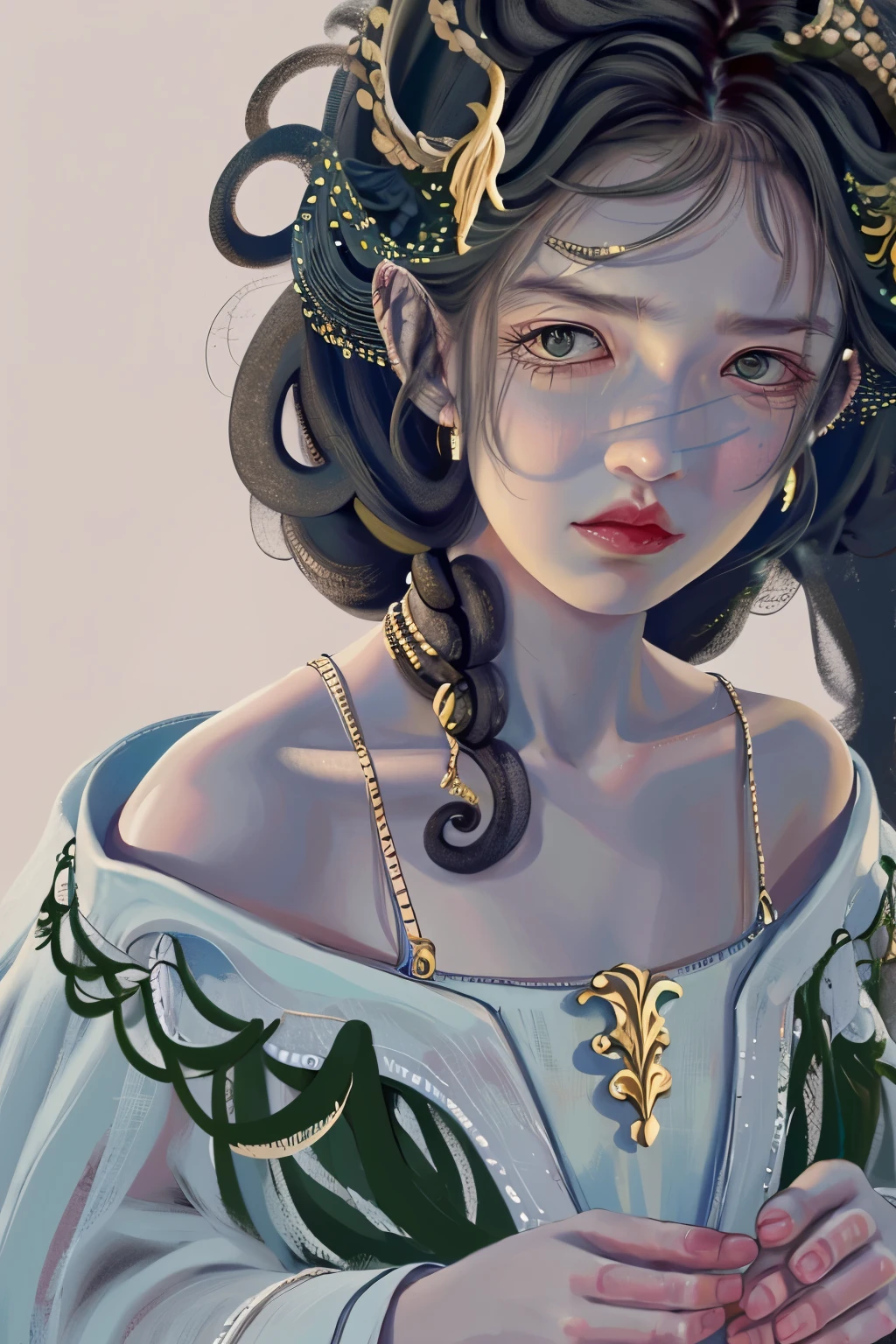 8k, best quality, masterpiece, highly detailed, semi realistic, a girl, a girl, 20 years old, looking at hands, long dark brown hair with bangs, curly hair, green eyes, black Japanese style cut clothes, white pants, bare shoulders, golden details, thin figure, cold expression, battle scenes, outdoors, forest background, with many trees and dark sky