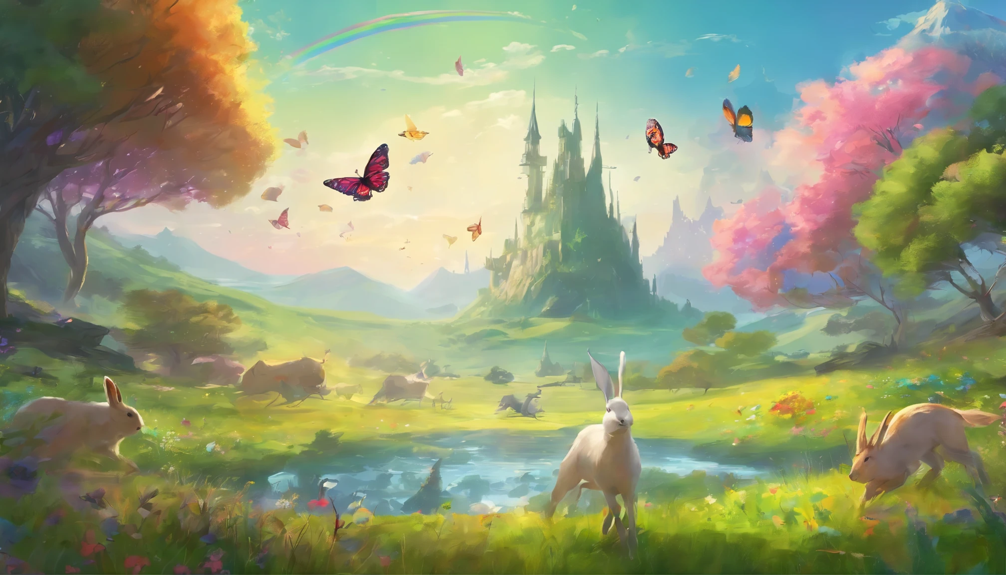 "(highest quality,4k,High resolution,masterpiece:1.2),super detailed,realistic,photorealistic:1.37,landscape,green grassland, Rabbit、lots of animals、unicorn grazing, (Giant Butterfly,larger than life butterfly) fluttering,Vivid rainbow"