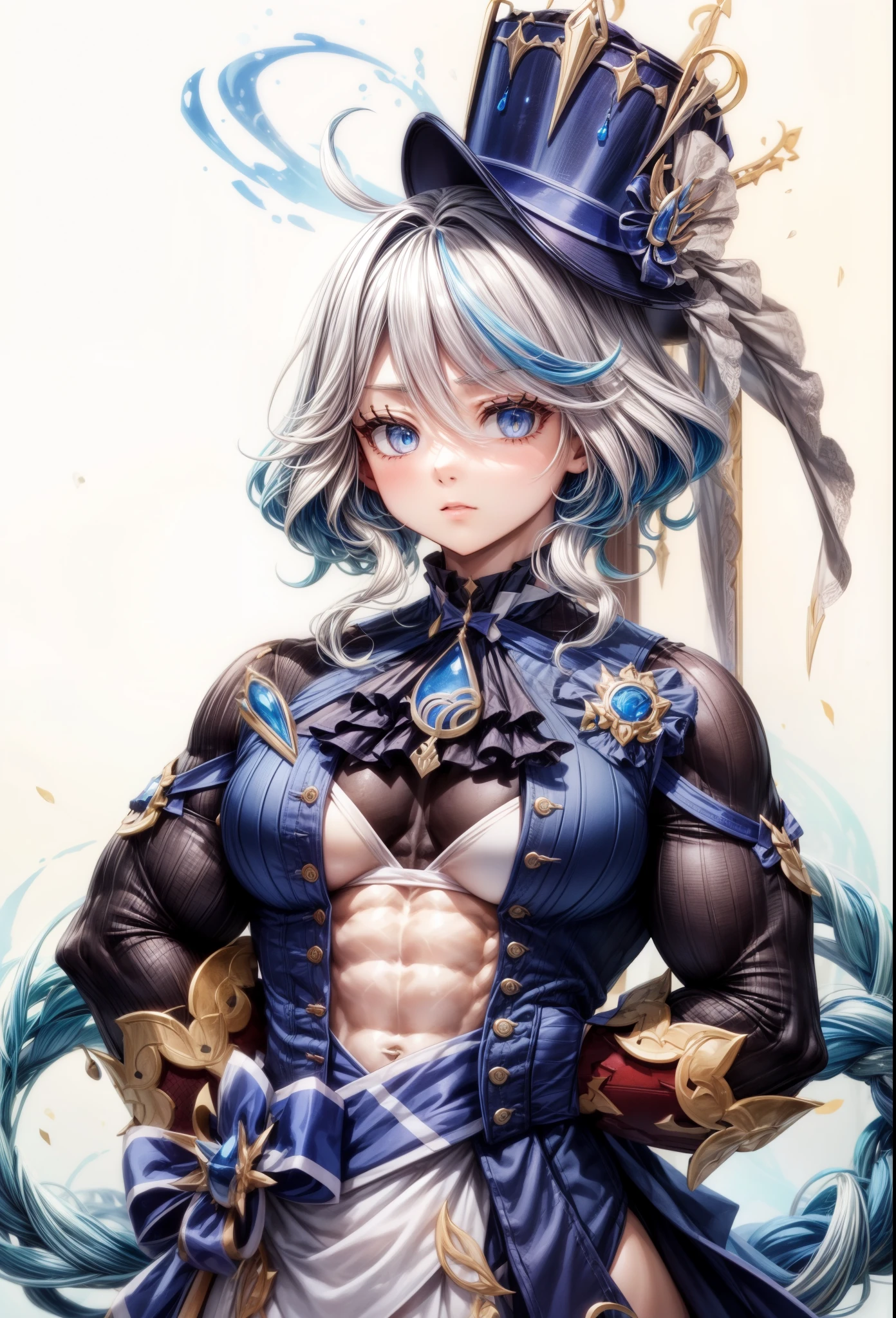 , best quality,girl, furina (genshin impact),biceps, muscular ,alternate muscle size,,upper body, thick arms, broad shoulders, pecs,
