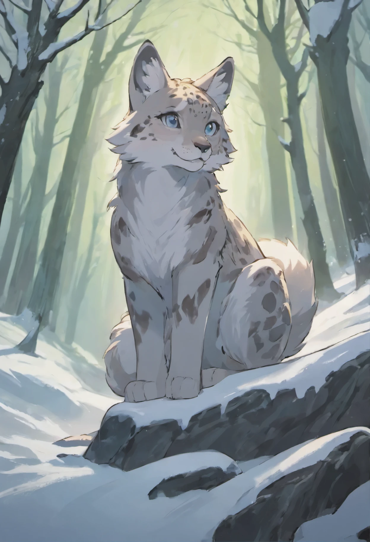 snow leopard standing on a rock in the snow in a forest, animal raposa, raposa, raposa bonito, Raposas, stylized - like appearance, anthropomorphic, pernas de raposa, uma bela raposa senhora, Parte Raposa, A linda raposa peluda, anthropomorphic fox, Foto de vida selvagem, entre raposas e veados