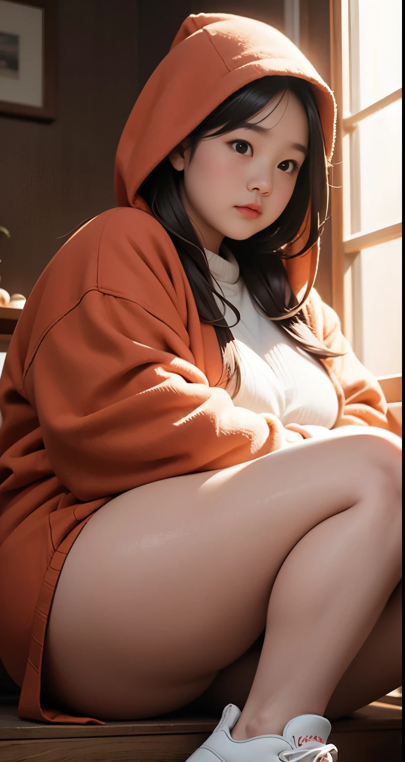 there is a woman sitting down with a longest brown hair, bbwchan, thicc, brown hijab outfit, brown hairstyle model, korean girl, korean woman, wearing brown robe, full length shot, alluring plus sized model, japanese goddess, clothed in hooded, voluptuous and arousing, portrait shot, curvy model, voluptuous body, wonderful, nene tanaka body , bbwchan, The overall atmosphere is smooth , haunting illustrations, extremely high-resolution details, photographic, realism pushed to extreme, fine texture, 4k, ultra-detailed, high quality, high contrast, red sneakers , cold atmosphere ,, cold atmosphere