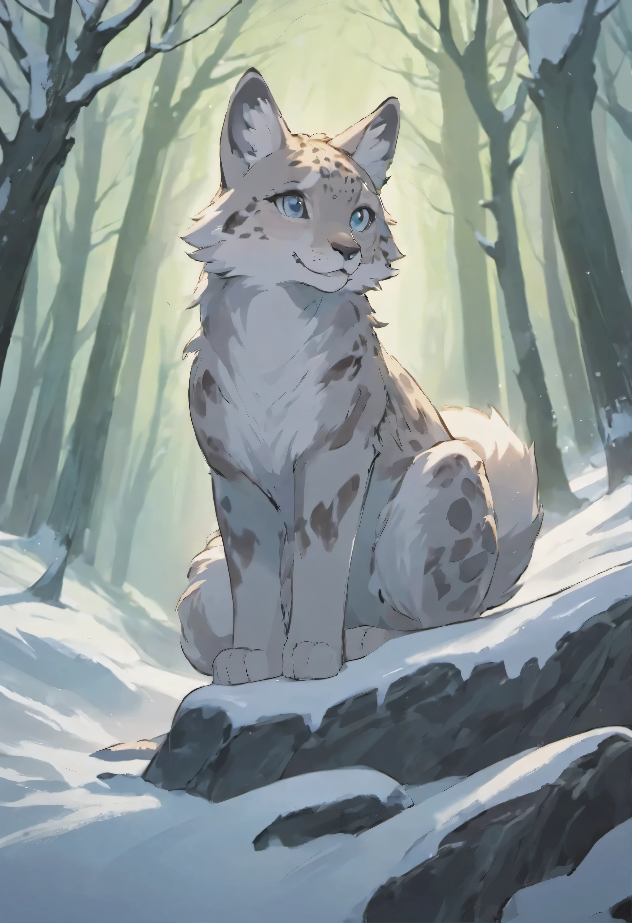 Snow leopard standing on a rock in the snow in the forest, animal fox, fox, fox bonito, fox, stylized look, personification, pernas de fox, uma bela fox senhora, fox部分, A linda fox peluda, personification fox, wildlife photo, entre foxs e veados