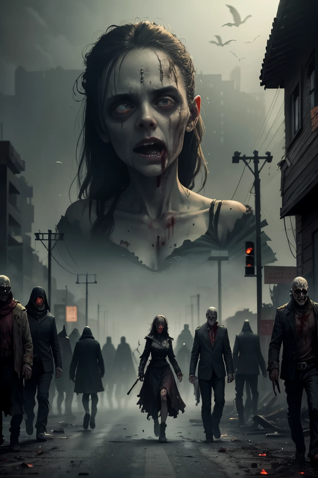 Zombies, their lifeless faces etched with bloodthirsty stares, gradually rise from the dead, filling the once peaceful streets with chaos and horror. The camera glides between abandoned buildings, the silence broken only by the groans and heavy breathes of the undead. The air is thick with decay and the scent of rotting flesh. The undead masses shuffle forward, their eyes fixed on the living, reaching out with decaying limbs for their next meal. The scene is a haunting reminder of the fragility of life and the inescapable power of death.