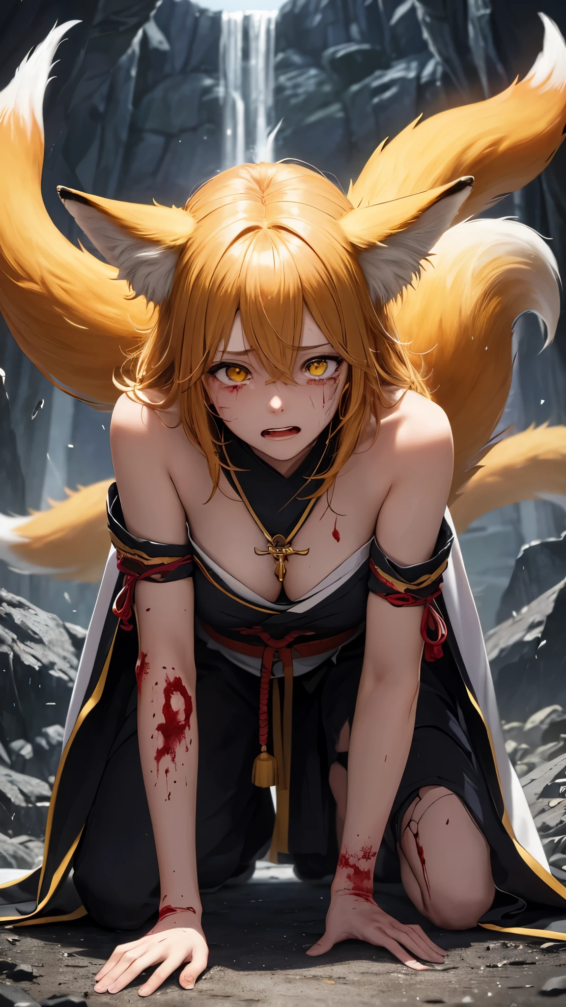 (masterpiece, best_quality, ultra-detailed, immaculate:1.3), portrait, upper body, detailed face, detailed hands, ((1girl:1.35)), epic, kitsune, ((9 tail fox)), foxgirl, japanese spirit, sexy kimono, ((damaged, bloody, Injured, action pose)), ((Defeated pose, falling on knees:1.35)), ((dramatic, sadness face expression, crying)), curvy body, messy black hair, disheveled hair, animal eyes, yellow fox glowing eyes, priestess of love, priestess of passion, dark deep cave background