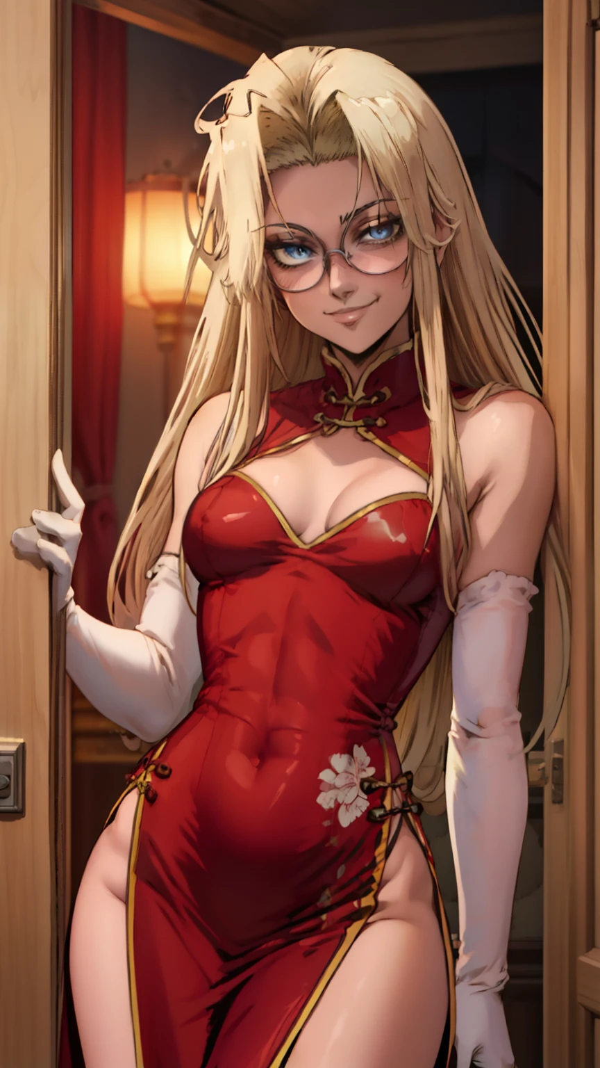 masterpiece, best quality, integr hellsing, integra, 1girl, solo, nude, small breasts, missionary, sexy, flat chest, small breasts, abs, looking at viewer, smug smile expression, seductive, latex gloves, Chinese dress 