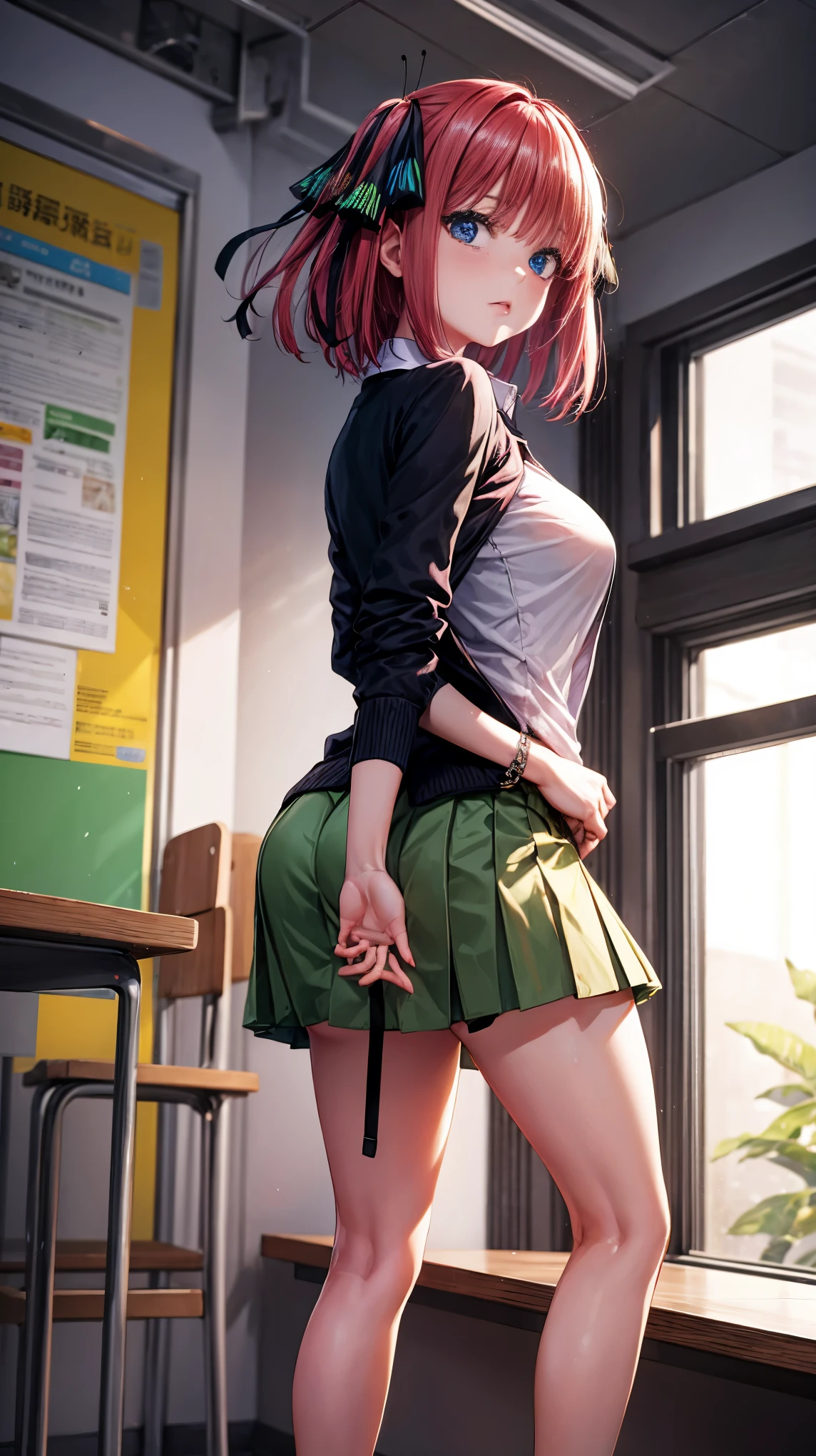 highest quality、one girl、、full body figure,big 、big tits perfect five fingered hands、Futano Nakano,shy face、perfect thing、big breasts、perfect arms、perfect legs、detailed description、small details、detailed face、white skin、Voluptuous legs、classroom、back view、look back、turn around、Pose that emphasizes the buttocks、Black Panties、I can see your panties、Skirt flip、lift skirt、nino nakano, short hair, bangs, blue eyes, hair ornament, hair ribbon, pink hair, blunt bangs, two side up, butterfly hair ornament,skirt, shirt, long sleeves, white shirt, pleated skirt, open clothes, collared shirt, sleeves past wrists, dress shirt, cardigan, green skirt, open cardigan, black cardigan,black lace garter belt