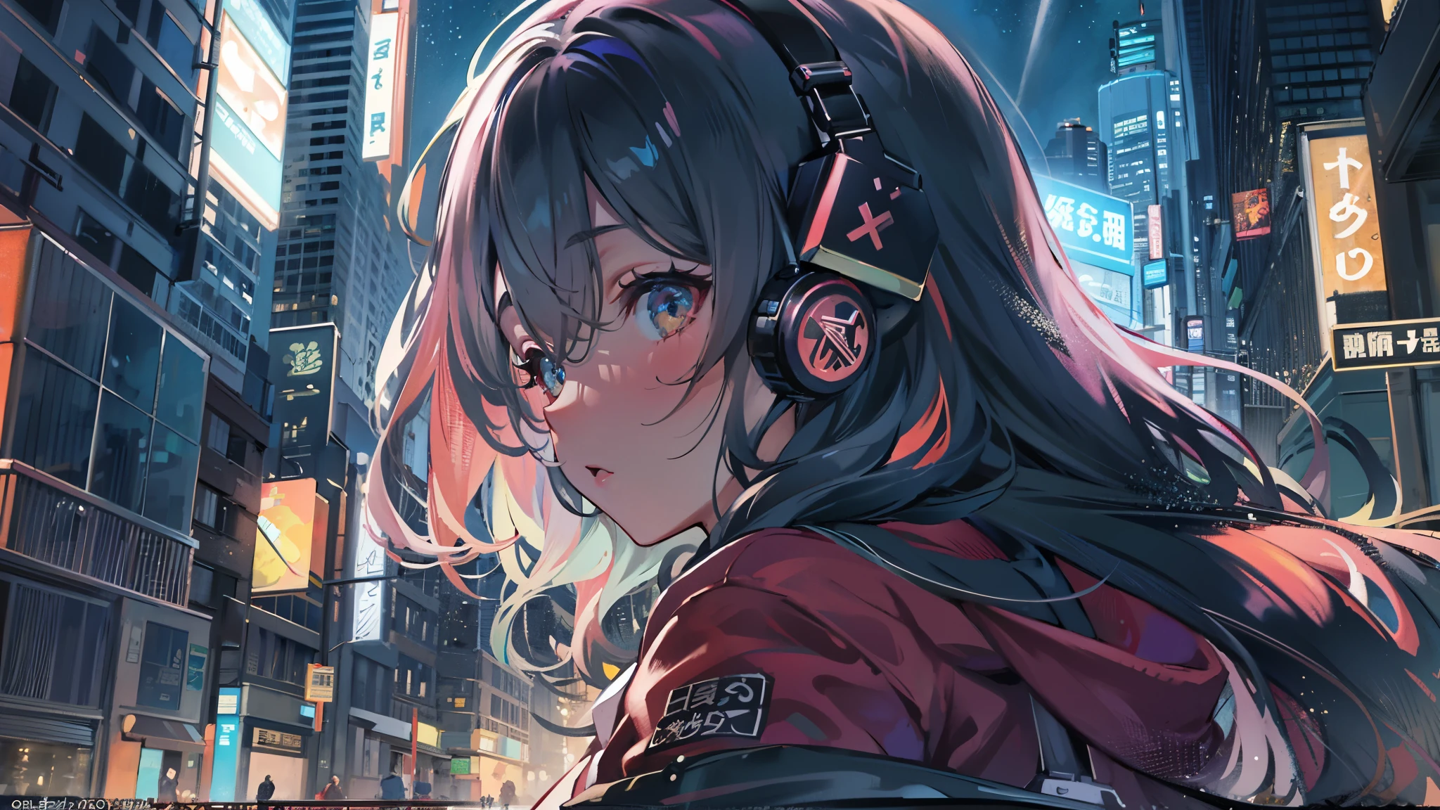 masterpiece,8K resolution、((highest quality))、((masterpiece))、((super detailed))、1 female、solo、incredibly absurd、oversized hoodie、headphones、street、outdoors、rain、neon、long hair、brightly colored eyes、put one&#39;s hand in one&#39;s pocket、mini skirt, facing right, サイバーパンクのナイトライフ地区のstreetの真ん中に立っている. she has pinkish black hair、headphonesを着用しています. big breasts、She&#39;s still looking up at the starry sky, But her gaze and body are turned to the right side of the frame. The scene should be lively, Reflecting a cyberpunk aesthetic, neonの光と未来的な建物が彼女を囲んでいます. The hustle and bustle of the city continues, But she&#39;s at peace in the chaos, Immerse yourself in the sights and sounds of the night. In the image、The quiet sky above and the vibrant urban environment must be captured。, highlight her new direction.
