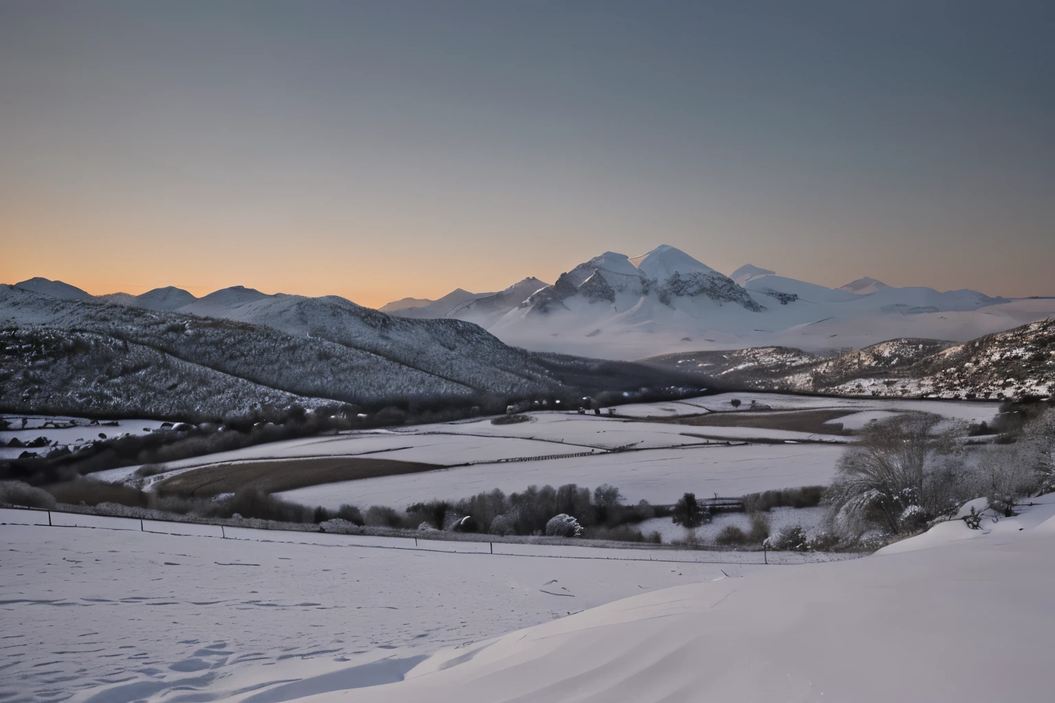 Snow-covered landscape at dawn