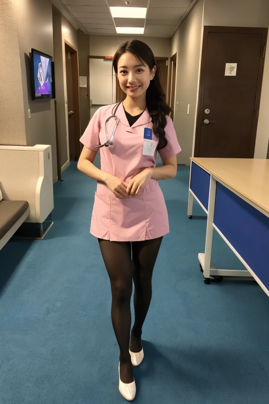 (RAW photo:1.2), (Photoreal), beautiful, famous popular actress、 (genuine: 1.4), very detailed目と顔, beautiful and fine eyes, ((late night office:1.2)), ((nurse uniform:1.3, super realistic pantyhose:1.2))、Self snap、Instagram、game_nffsw, sitting in a chair、huge file size, High resolution, very detailed, highest quality, [masterpiece:1.6], enlightenment, very detailed, nffsw, finely, highest quality, 8k wallpaper, movie lighting,  perfect body shape, beautiful大きな垂れ目、pick finger, ((table top)), highest quality, 1, eye shadow,  portrait, ((full body shot:1.4))、(very kind smile:1.2)、realistic skin texture、shiny skin、exposed thighs!!!,spread legs,Erotic