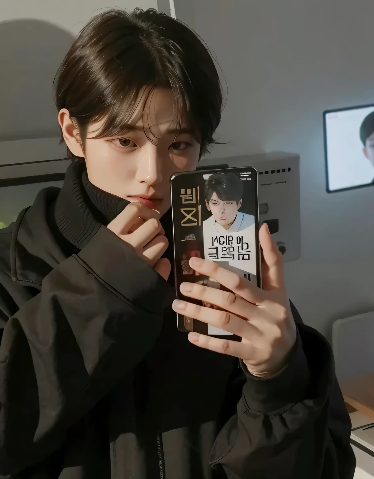 real fingers，Black phone case，真实的South Korea帅哥们,Beautifully, Realistic and realistic facial expressions,South Korea,20 year old man,short hair,neat face,South Korea男士,handsome face